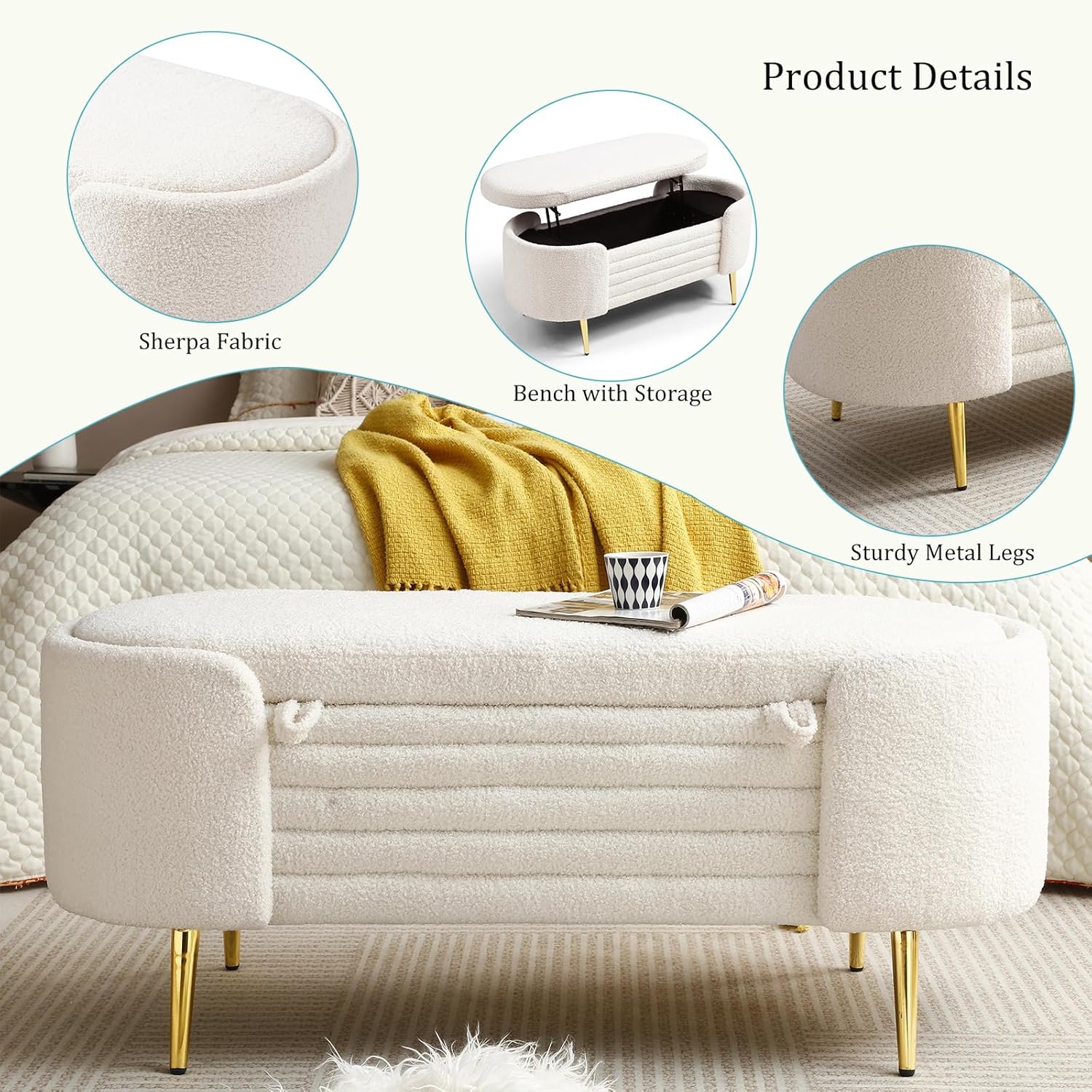 Homtique Banco otomano moderno de almacenamiento, banco de almacenamiento tapizado de tela Sherpa de 47.6 pulgadas, banco de almacenamiento con