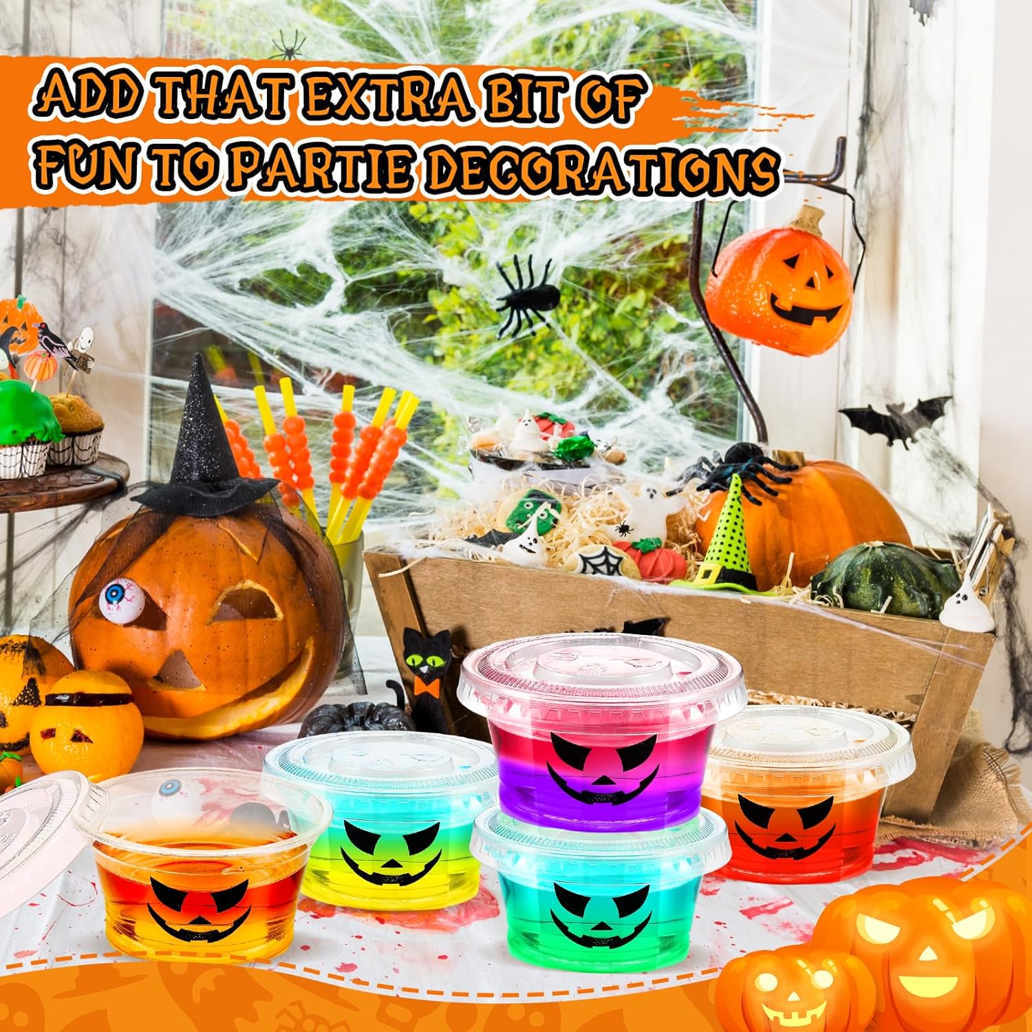 150 vasos de gelatina de 2 onzas con tapas, divertido diseño de Jack O Lantern para Halloween, Navidad, Acción de Gracias, despedida de soltera