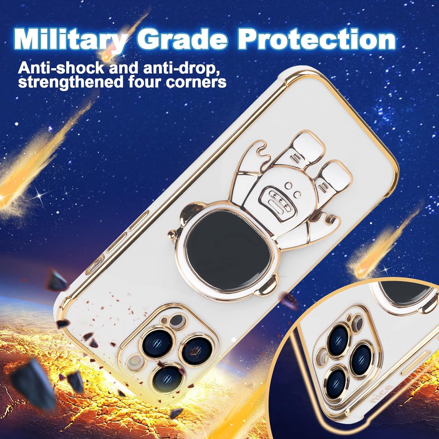 Omio – Funda compatible con iPhone 15 Pro Max con soporte oculto de astronauta, funda de lujo chapado en corazón con borde lateral, pequeño patrón