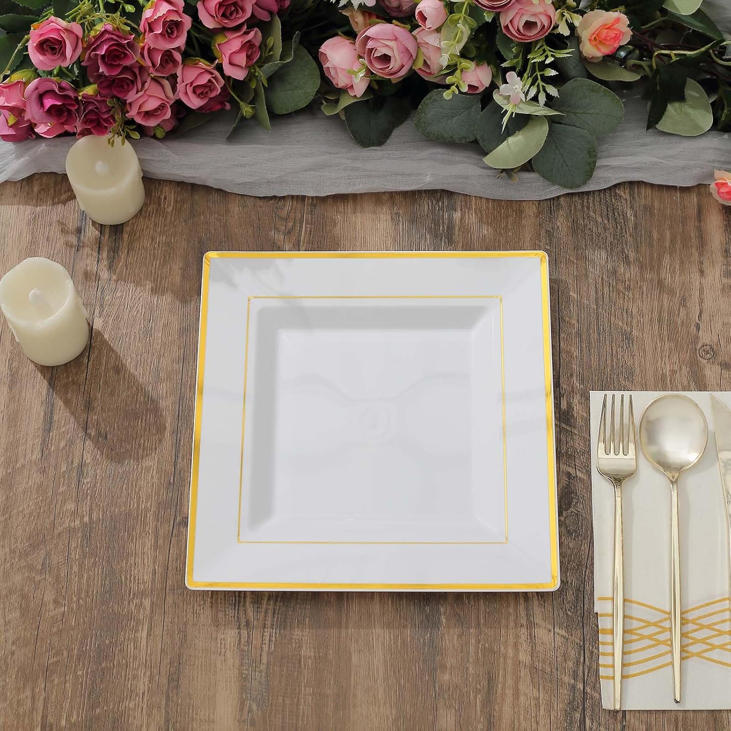 Efavormart – Paquete de 10 platos cuadrados desechables de plástico de 10 pulgadas con borde dorado brillante para bodas, cumpleaños, fiestas,