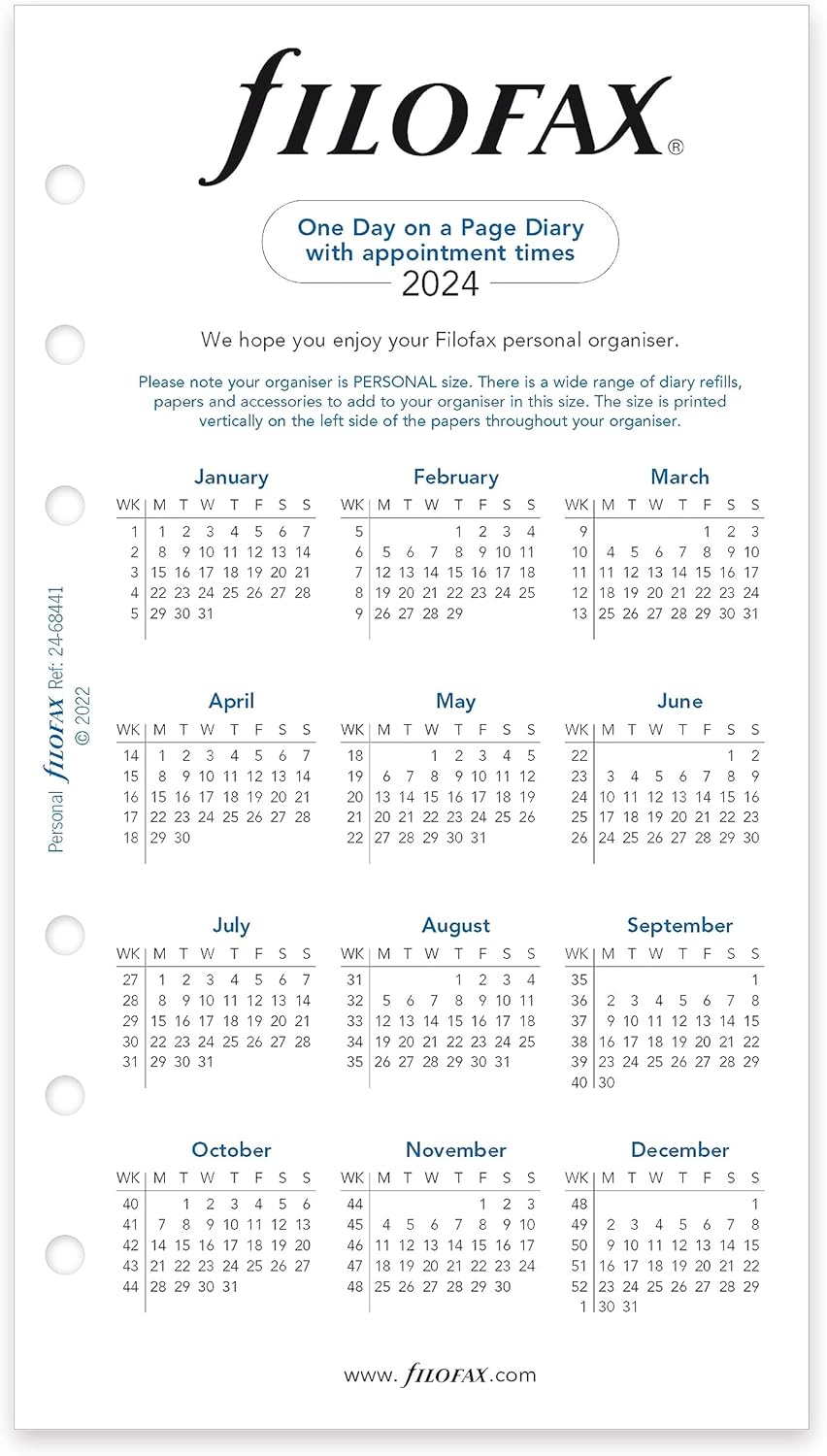 Filofax Calendario de recambio de diario, tamaño personalcompacto, día en una página con citas, a rayas, papel blanco, inglés, 2024 (C68441-24)