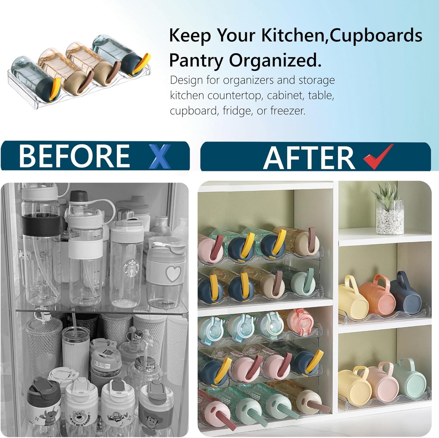 Zdesign Organizador de botellas de agua, soporte apilable de plástico para botellas de agua para gabinete, paquete de 4, despensa de cocina,
