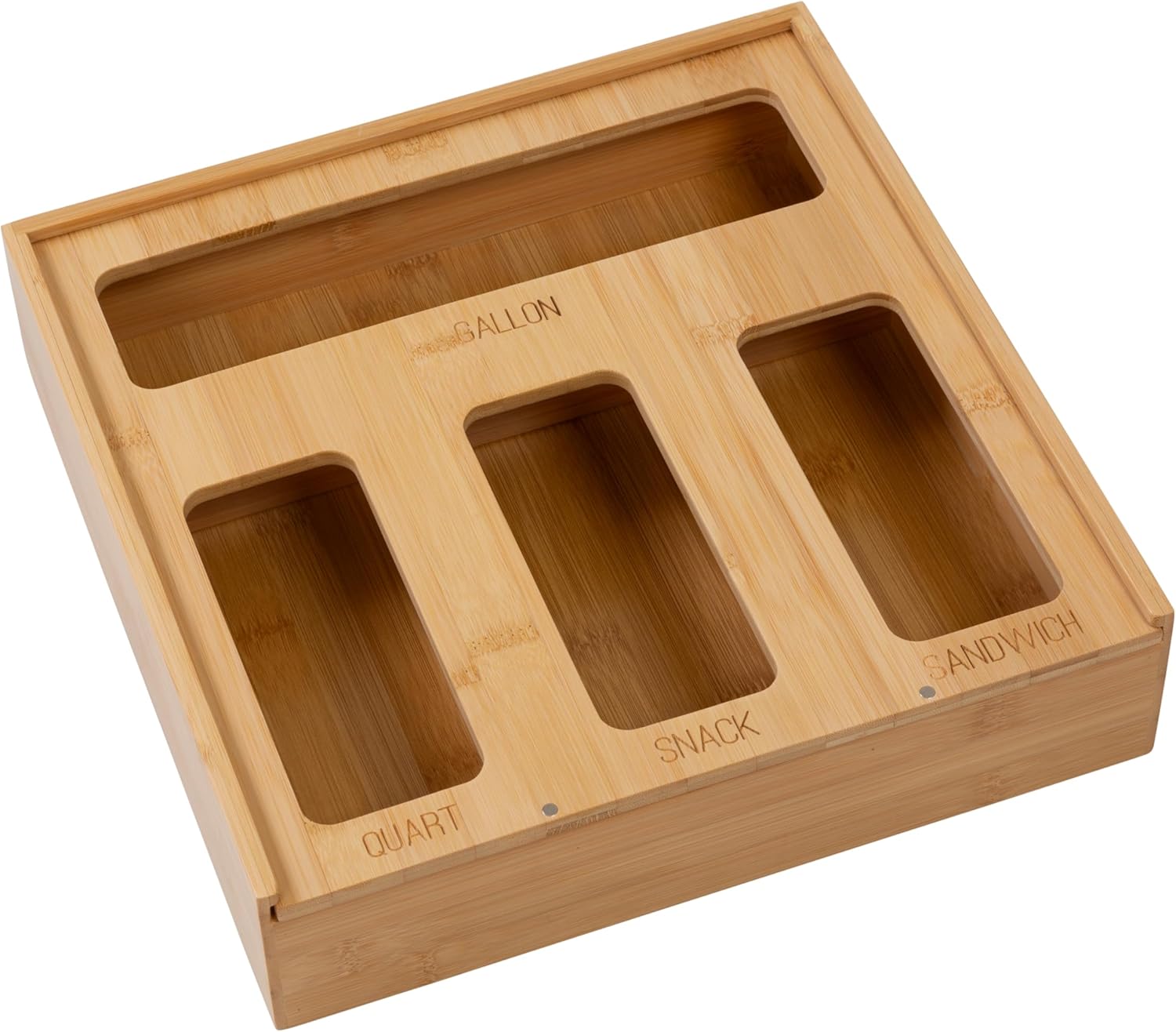Honey Can Do – Organizador de bolsas de plástico de bambú para cajón de cocina  galón, cuarto de galón, sándwich, snack KCH-09859 Natural
