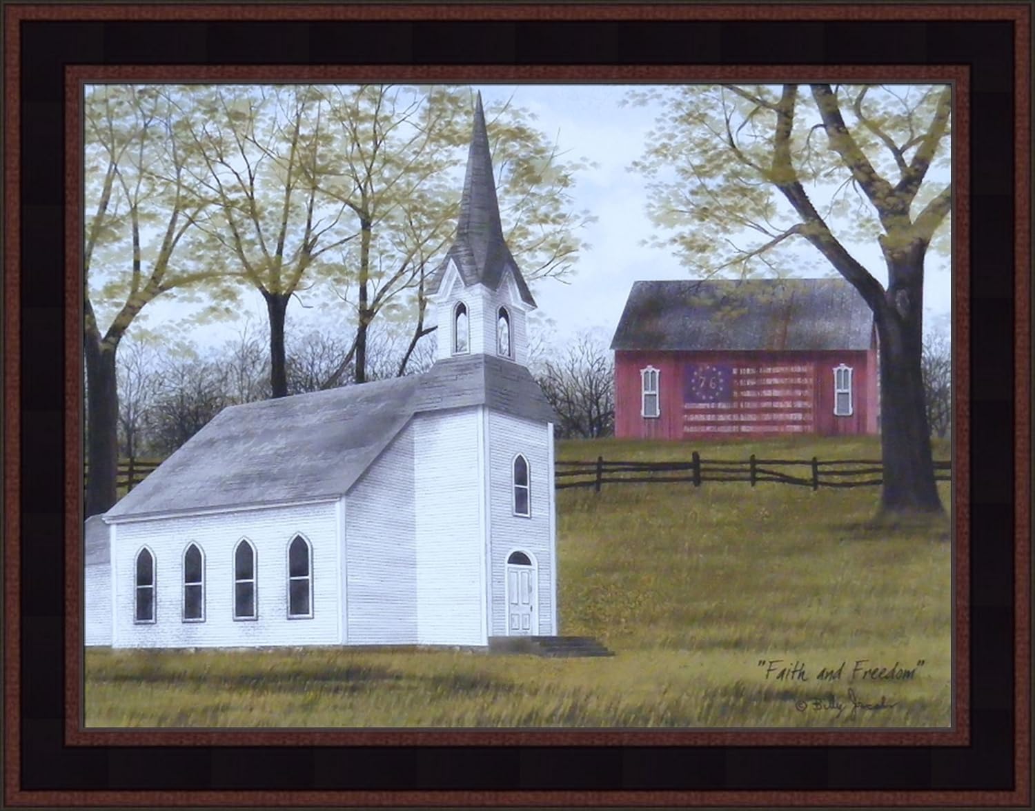 Home Cabin Décor Fe y libertad por Billy Jacobs 15×19 Campana Campanario Rojo Granero Bandera Patriótica Americana enmarcada