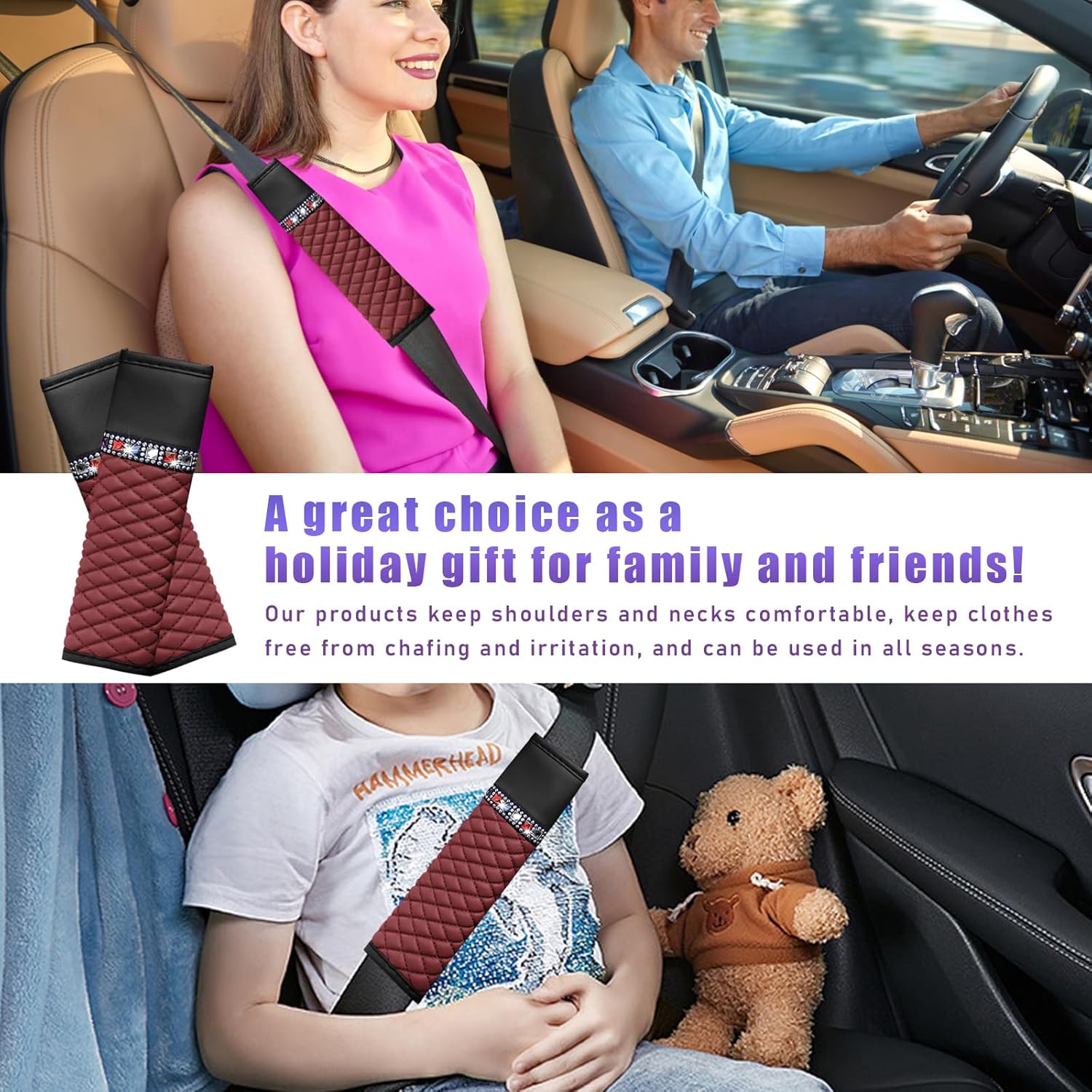 Ziciner 2 fundas de cuero para cinturón de seguridad, fundas para cinturón de seguridad con diamantes de imitación brillantes para mujer,