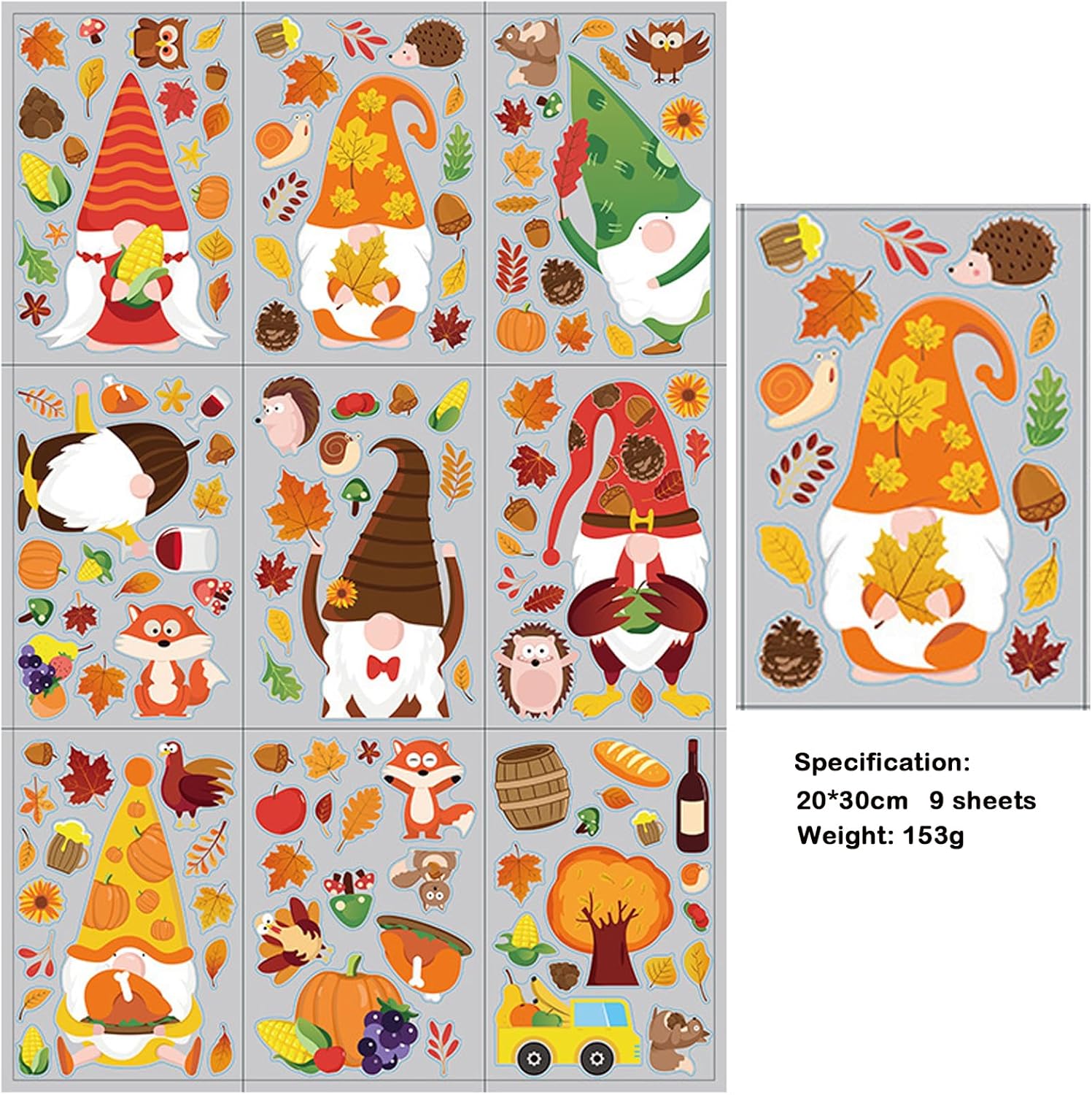 Adhesivos de gnomo de otoño para ventana de cristal, 9 hojas de Acción de Gracias, calcomanías de calabaza de doble cara, decoración para el hogar,