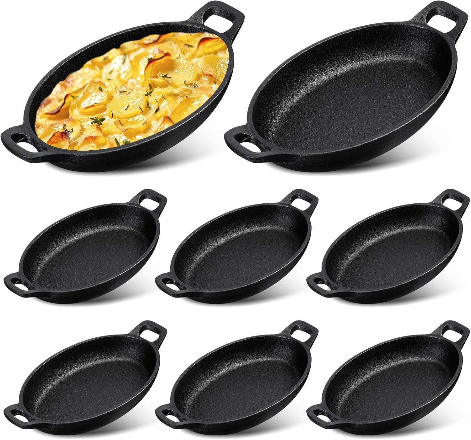 Mifoci 8 piezas de 16 oz 8.7 x 4.7 pulgadas – Mini sartén ovalada de hierro fundido para hornear, placa chisporroteante negro mate, utensilios de
