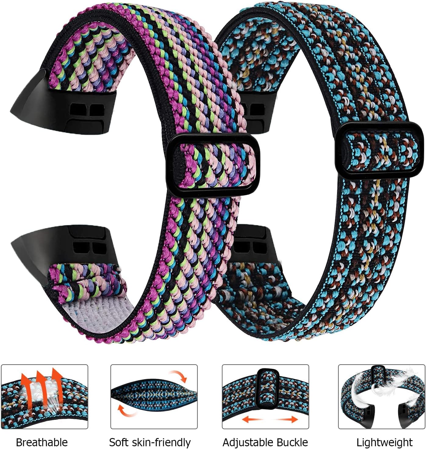 Paquete de 4 bandas elásticas compatibles con Fitbit Charge 56, reloj inteligente de fitness, correas de repuesto elásticas ajustables de nailon