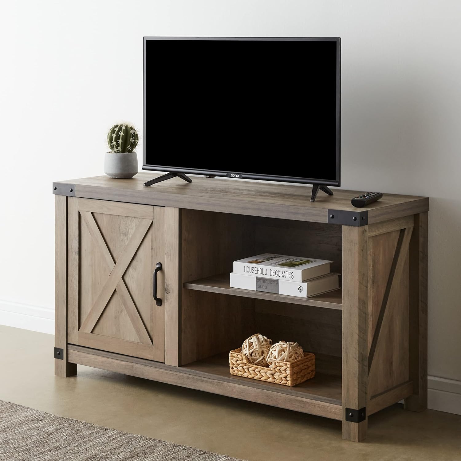 ROCKPOINT Soporte de consola de almacenamiento con puerta de granero individual para televisores de hasta 55 pulgadas, 44 pulgadas, gris lavado