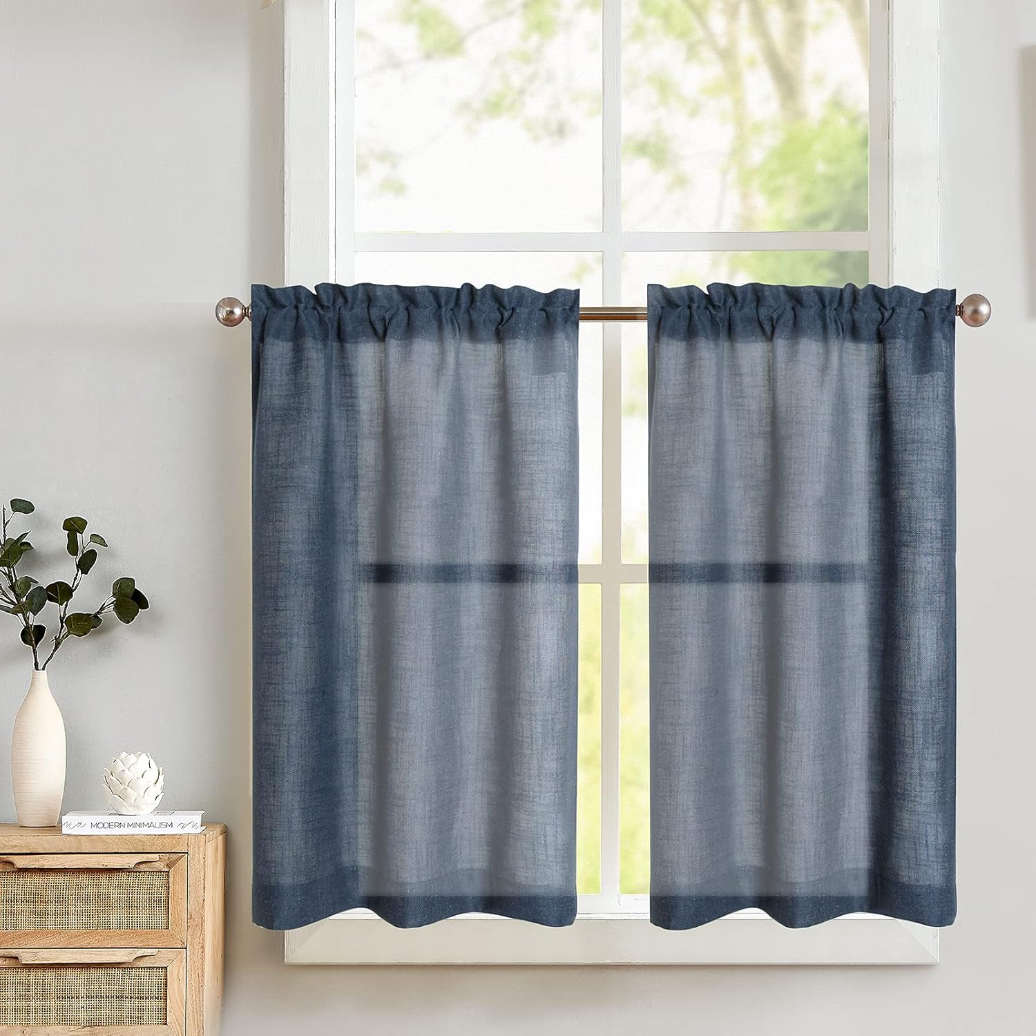 Lazzzy Cortinas de lino para cocina, cortinas azules para cafetería, cortinas para baño, sótano, puerta para ventana, cortinas semitransparentes con