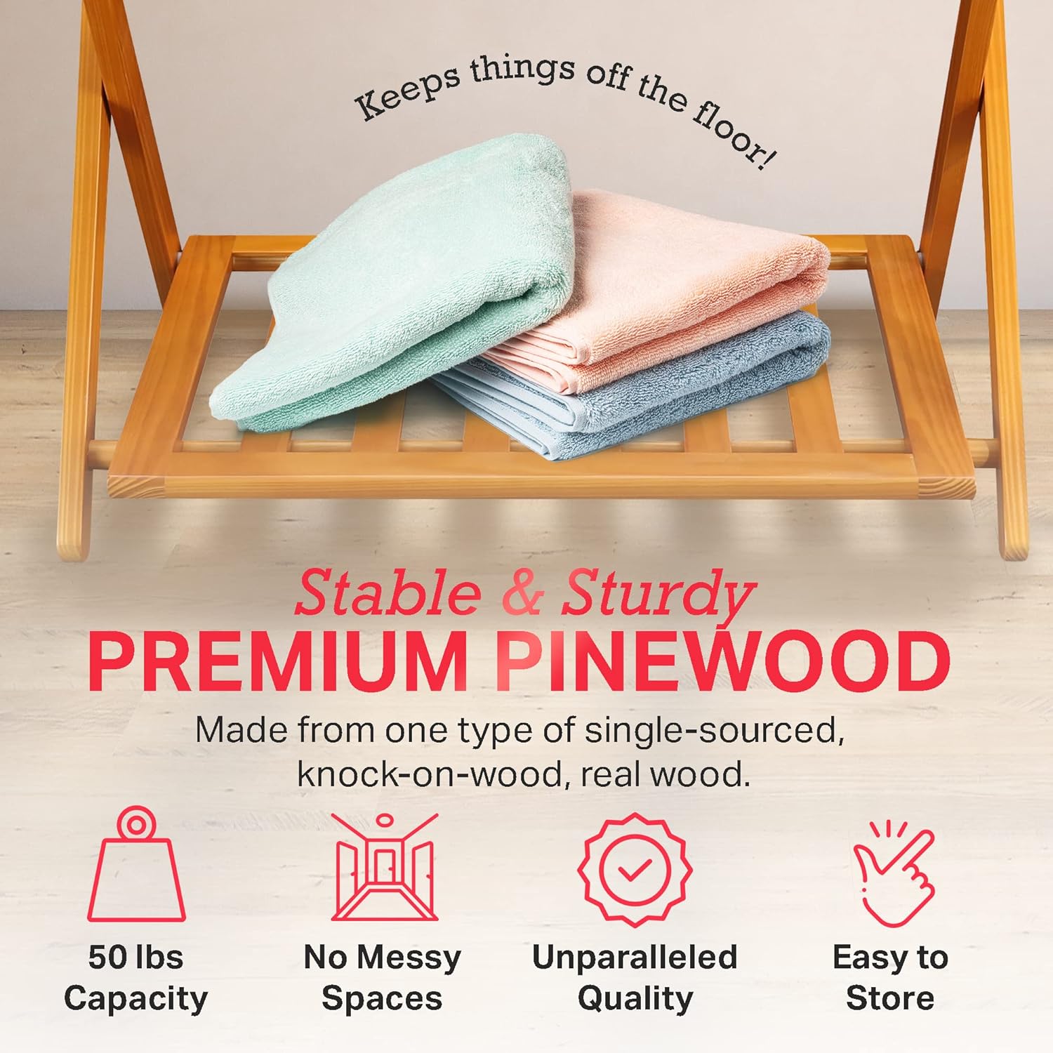 Stony Edge Portaequipajes de madera plegable ancho para habitación de invitados, soporte para maleta totalmente montado con estante de