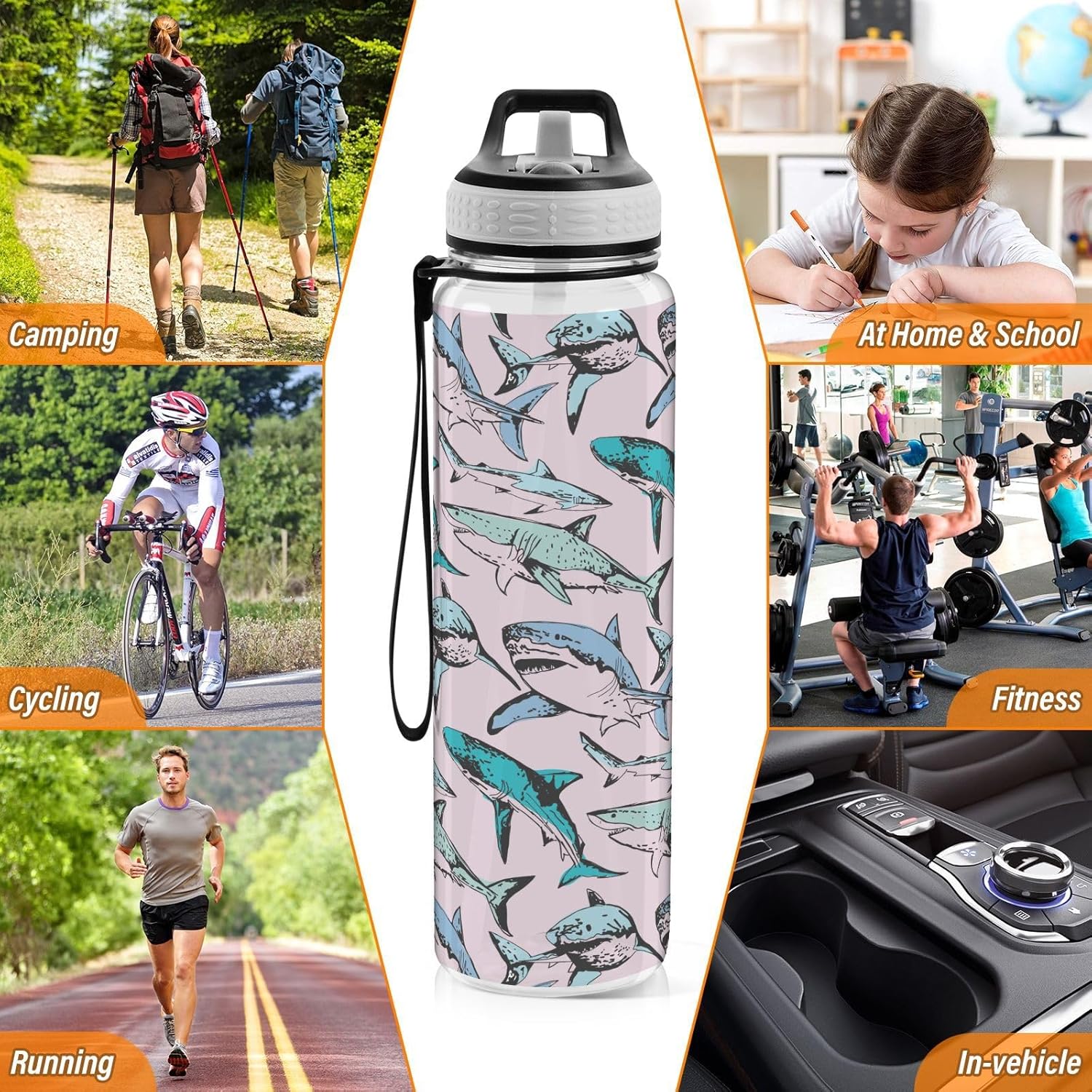 Pink Sharks – Botellas de agua deportivas con pajilla, sin BPA, botella de agua grande transparente para correr, para mujeres, hombres, niñas,