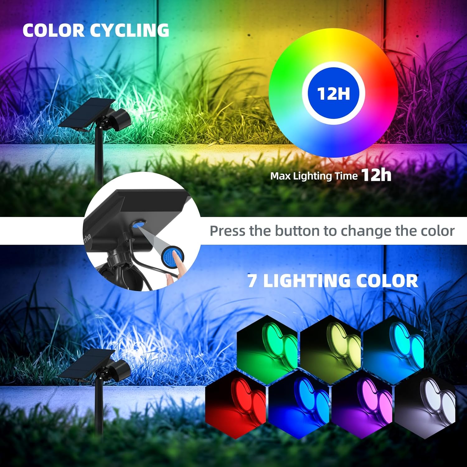 Barrina Focos solares impermeables para exteriores, luz solar ajustable horizontal de 360, 24 LED que cambian de color, luces solares de