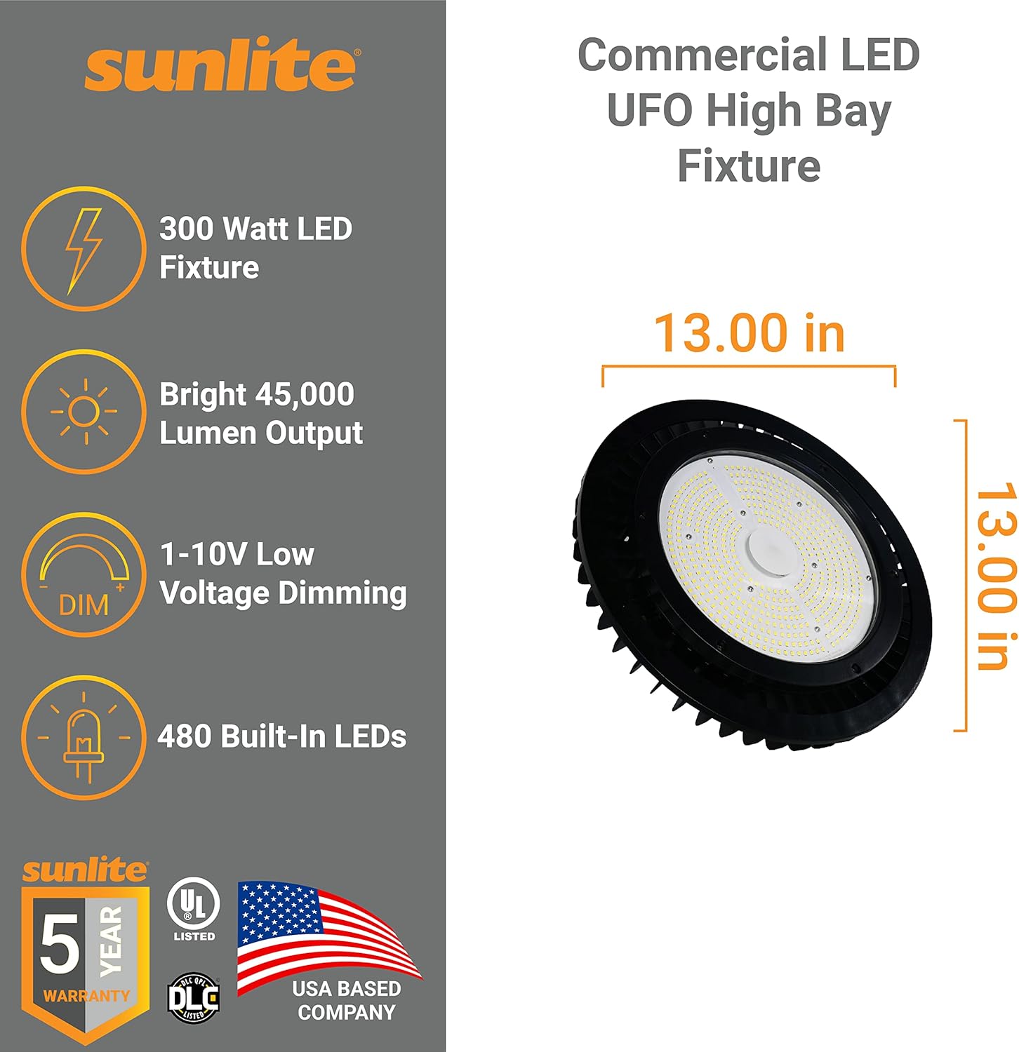Sunlite 89688 LED comercial UFO High Bay Fixture, 300 vatios, 45000 lúmenes, 5000K Super White, 70 CRI, UL listado, negro, para almacenes, fábricas