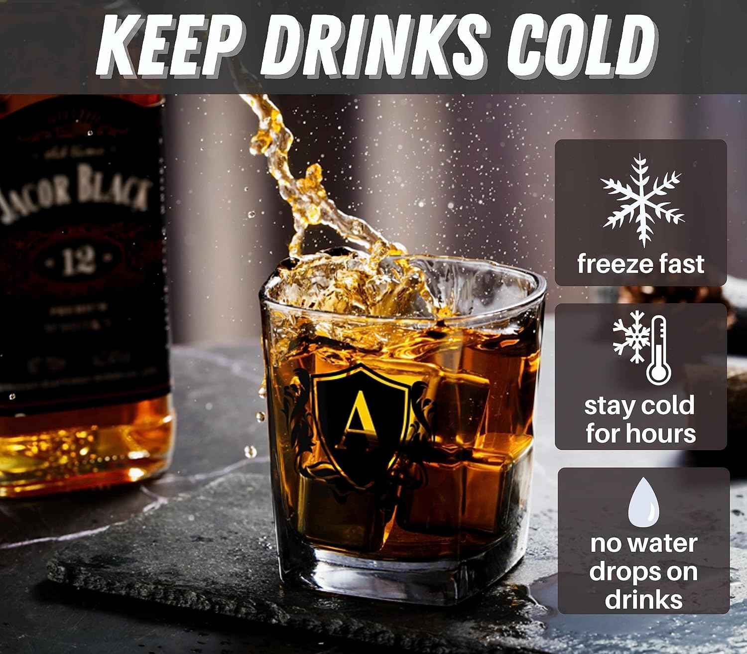 Regalos de whisky para hombres, vaso de whisky con inicial personalizada con piedras de whisky para papá, novio, mejores amigos, compañeros de