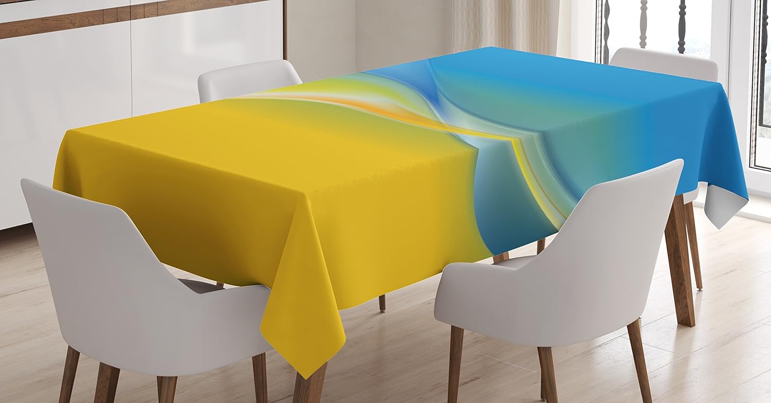 Ambesonne Mantel amarillo y azul, diseño inspirado en la bandera ucraniana con ondas de color en colores vibrantes, línea curva, mantel rectangular
