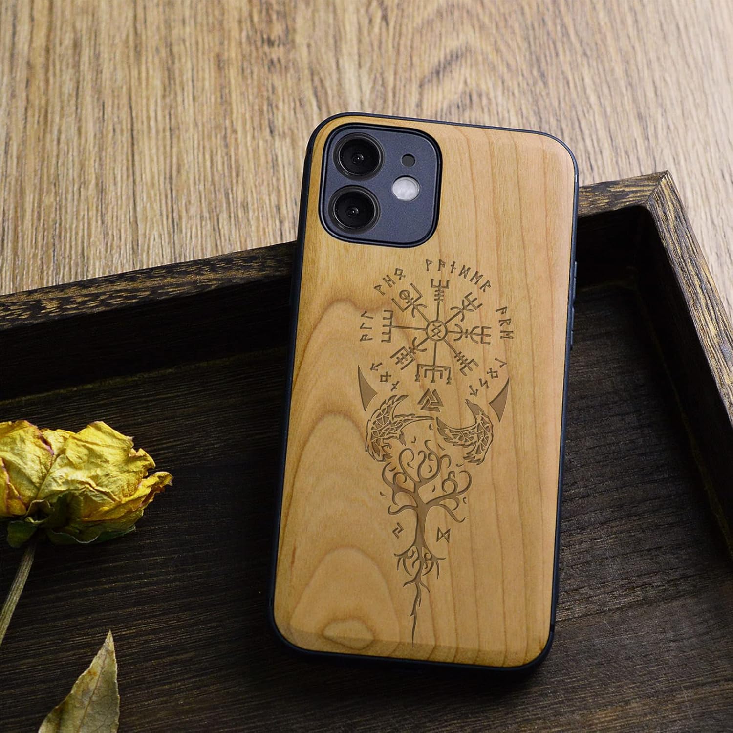 Carveit Funda magnética de madera para iPhone 12 madera real dura y TPU suave a prueba de golpes, funda protectora híbrida única y elegante de