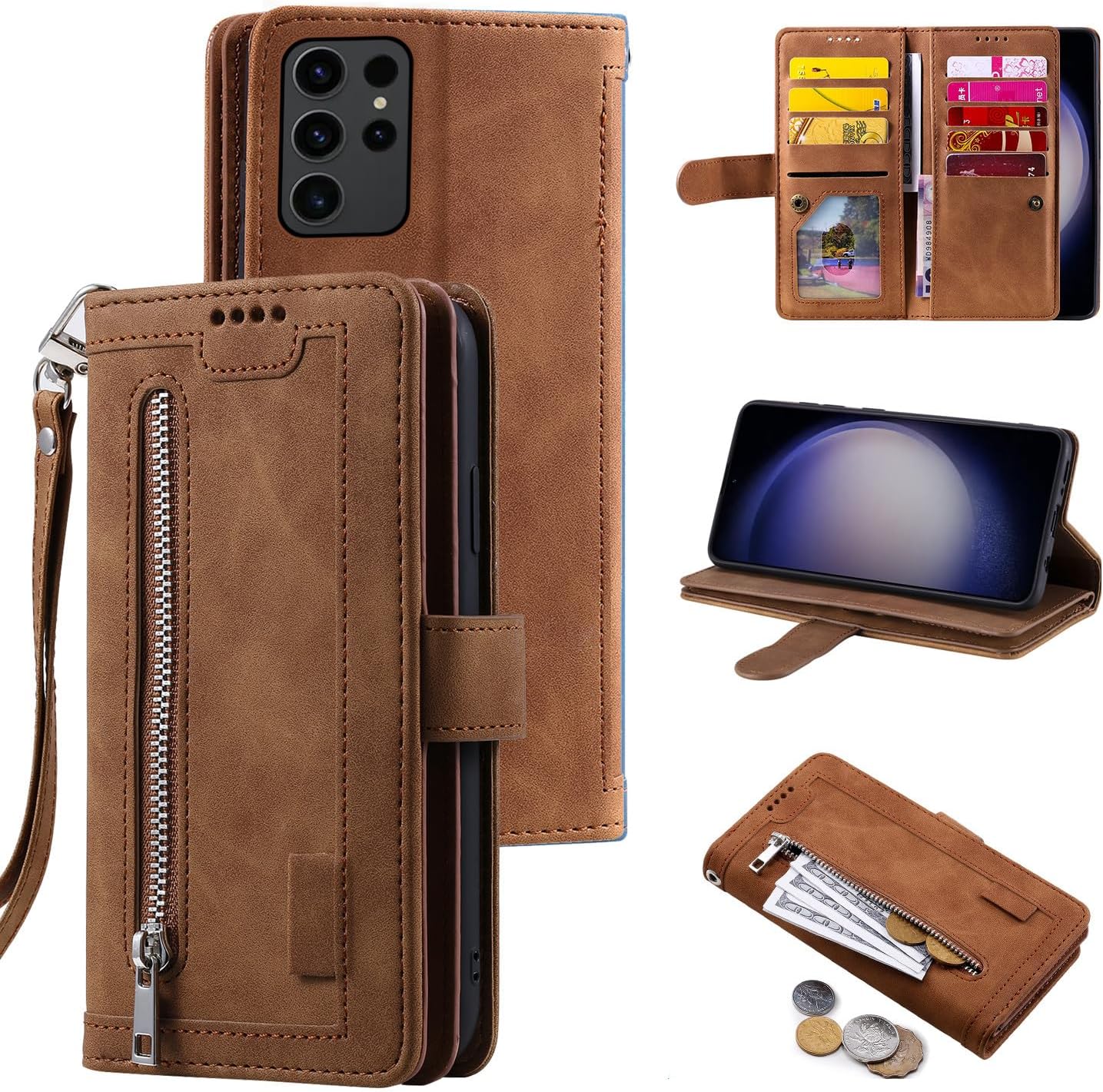 Furiet Funda compatible con Samsung Galaxy S23 Ultra 5G tipo cartera para correa de muñeca, correa de piel sintética, soporte para tarjetas con 9
