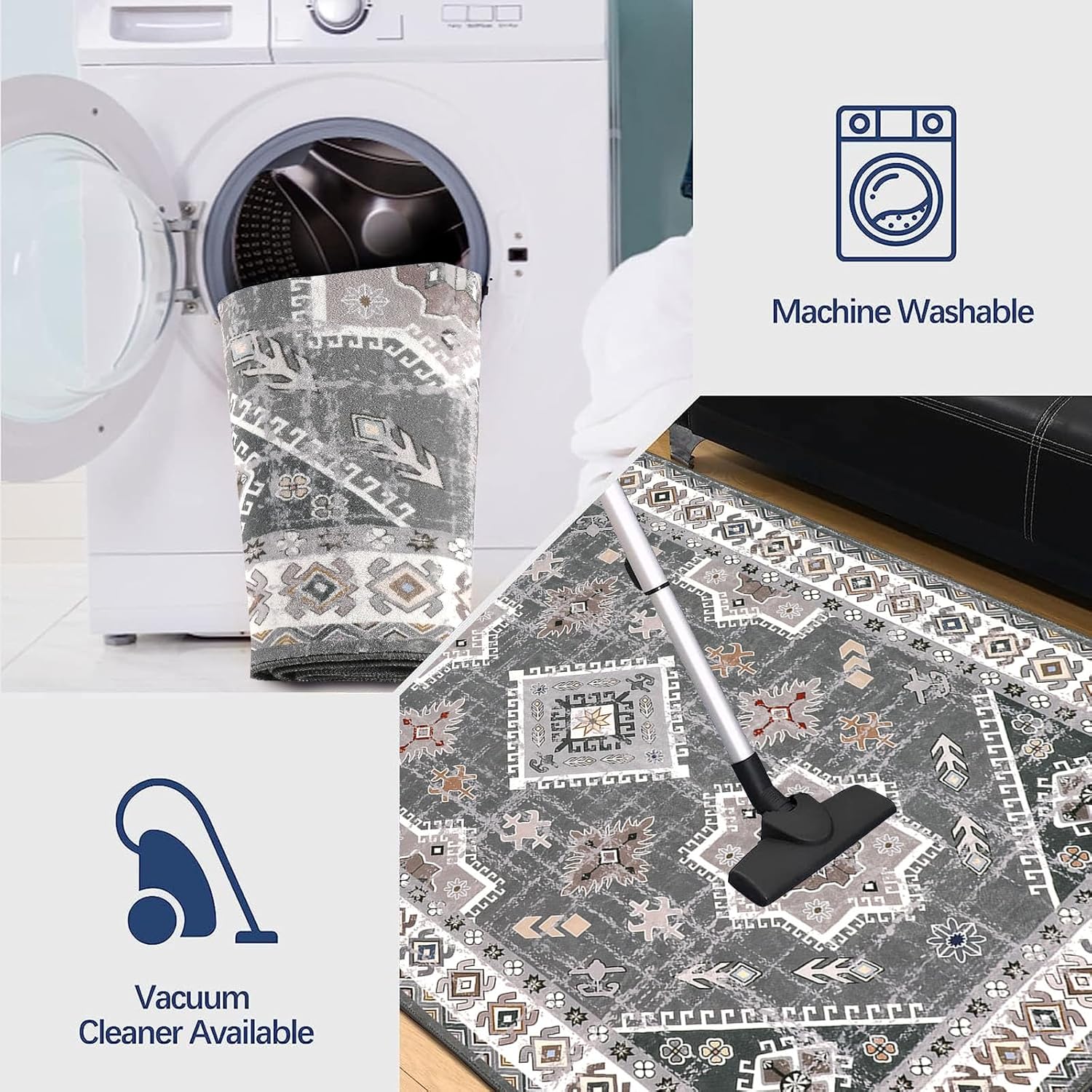 HEBE – Alfombra lavable de 5 x 7 pies, suave, envejecida, antideslizante, para puerta de interior, alfombra de estilo bohemio, alfombra de acento