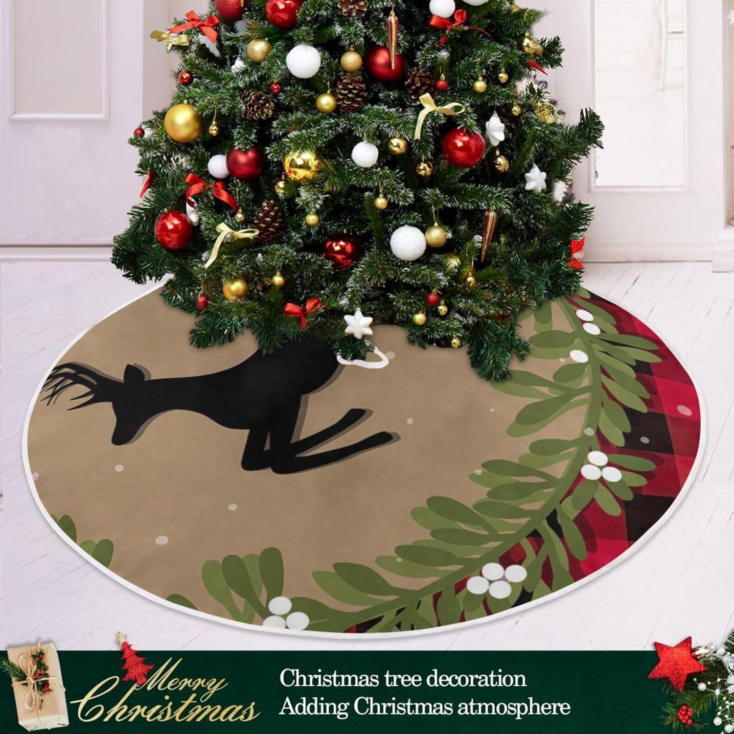 Faldas clásicas para árbol de Navidad con tarjeta de Navidad, decoración de suelo de árbol de Navidad, 47.2 pulgadas, lavable a máquina, decoración