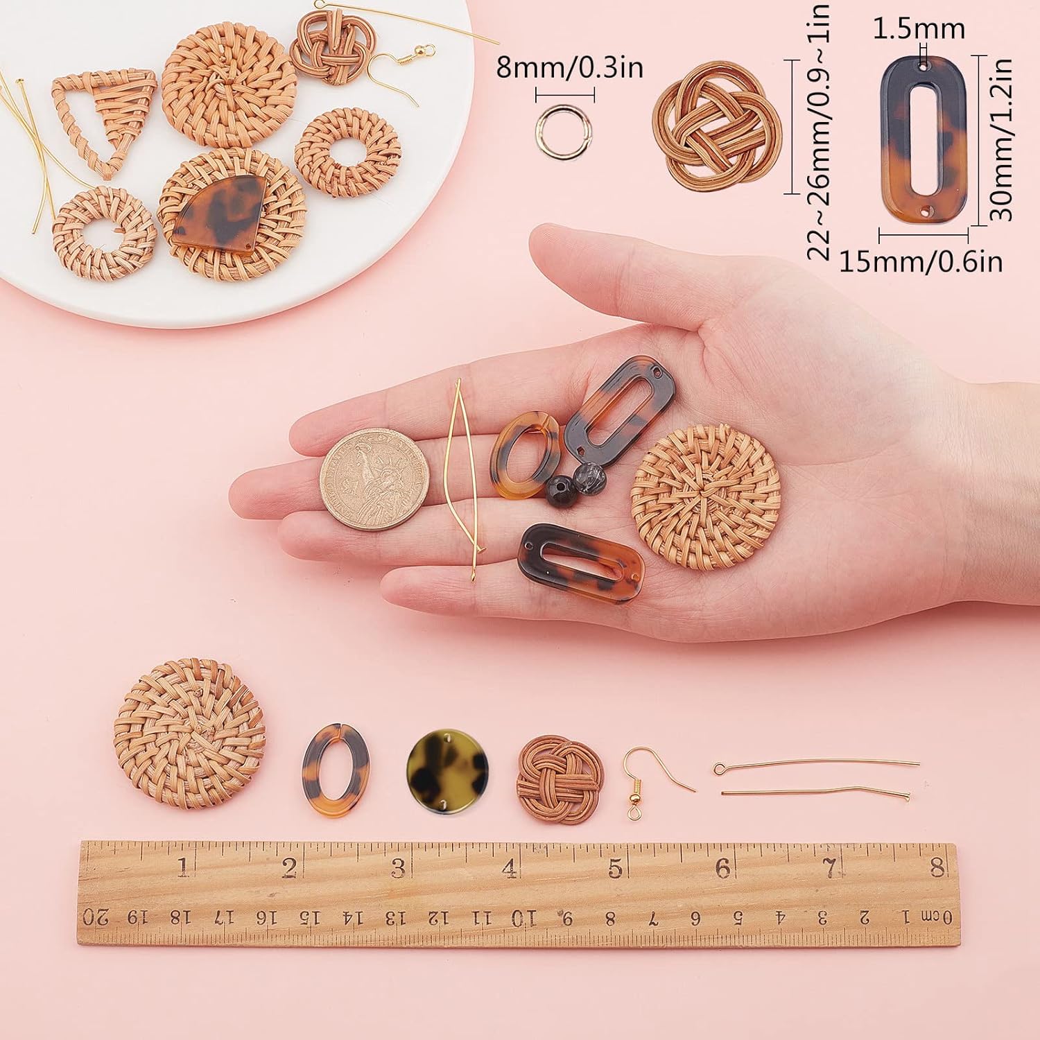 SUNNYCLUE DIY Make 6 pares de aretes de ratán de mimbre hechos a mano, aros de paja tejidos, dijes bohemios, tejido de rafia, trenza, resina para
