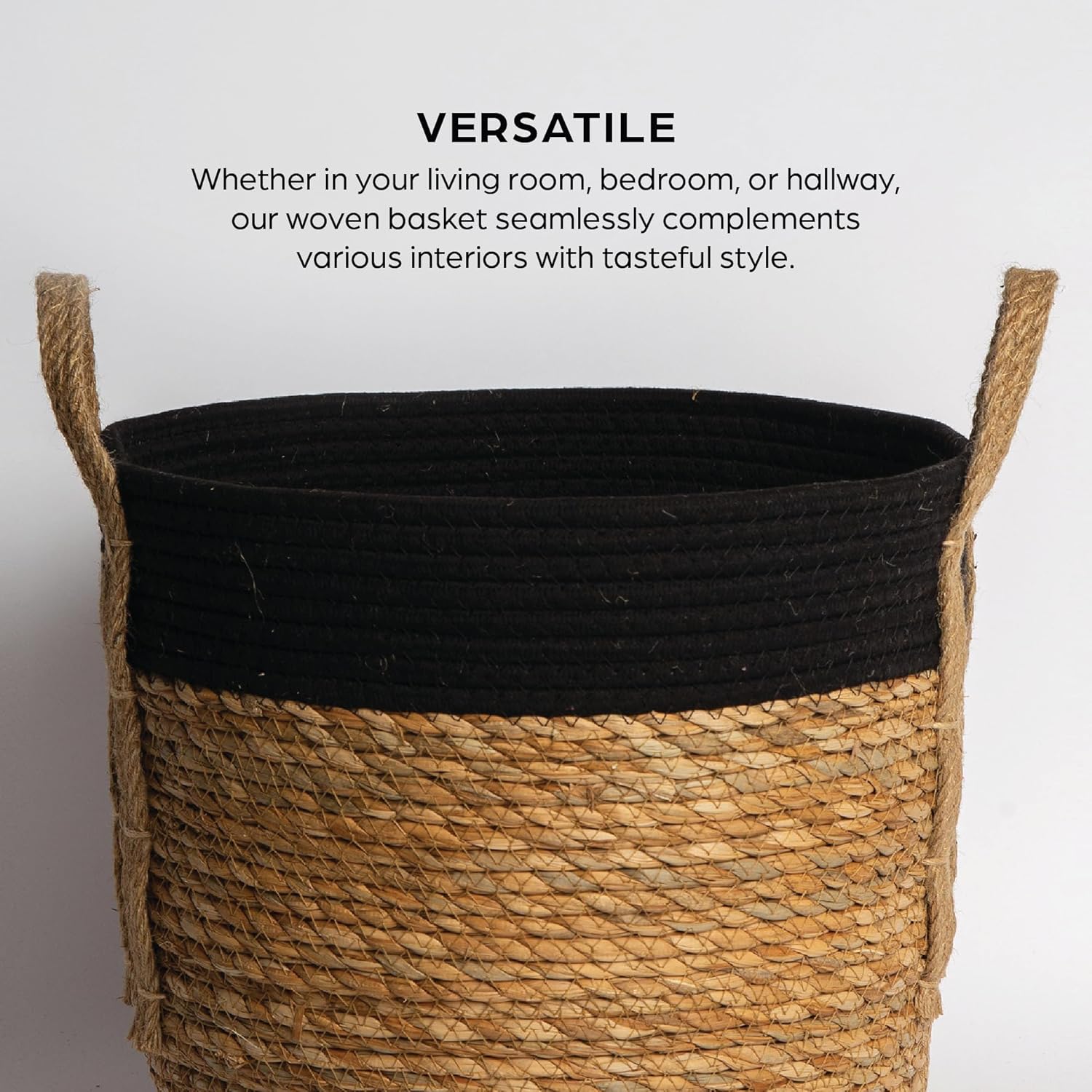 Coastal Charm – Exquisita canasta tejida de hierba marina con asas, solución de almacenamiento natural atemporal versátil y elegante en ribete negro