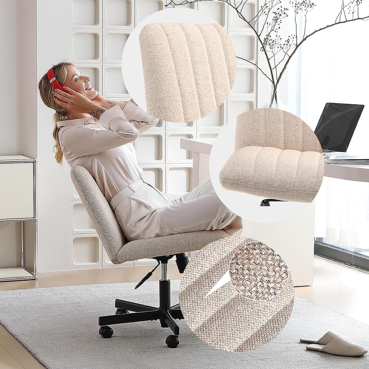 HomVent Silla moderna de escritorio de oficina ancha sin brazos, silla cruzada de maquillaje de tocador con ruedas, silla giratoria ergonómica
