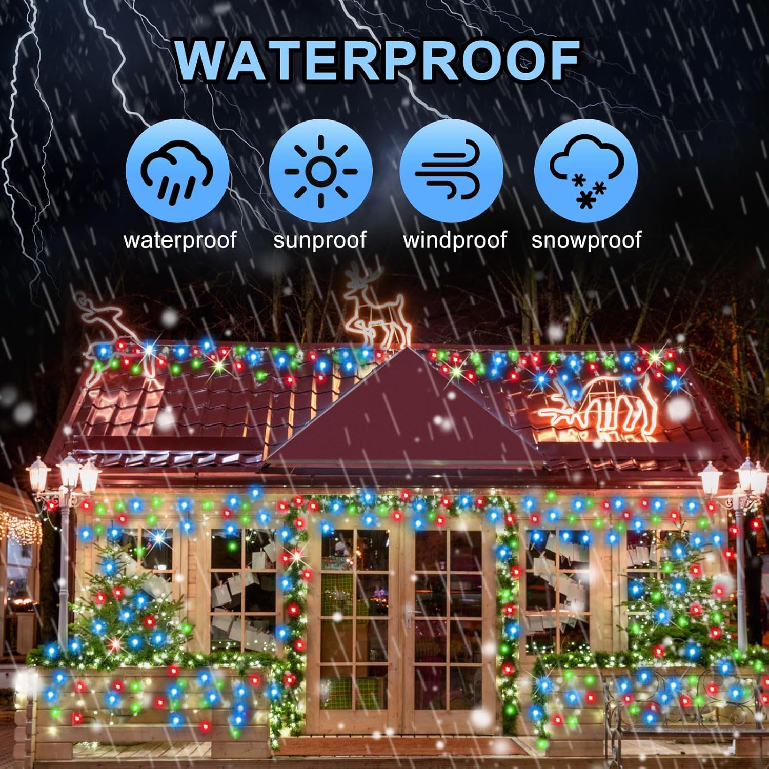 Baquler Luces LED de Navidad de carámbano de 200 pies, decoración al aire libre, 2592 luces LED extralargas parpadeantes, 8 modos, cable