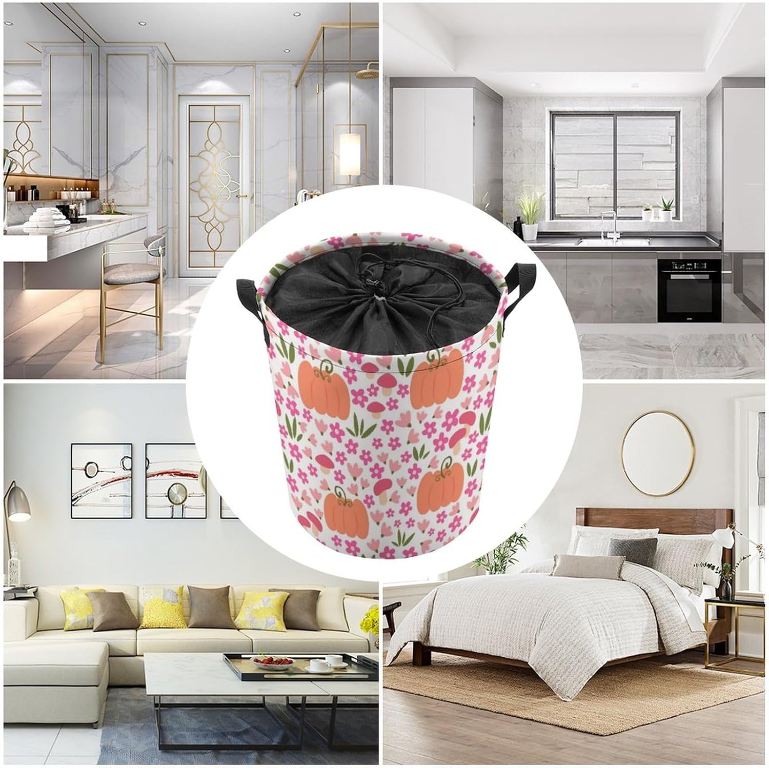 Cute Pink Pumpkin Flowers Laundry Basket with Drawstring Colorful Waterproof Collapsible Dirty Clothes Hamper Storage Baskets for Bathroom Dorm Toy