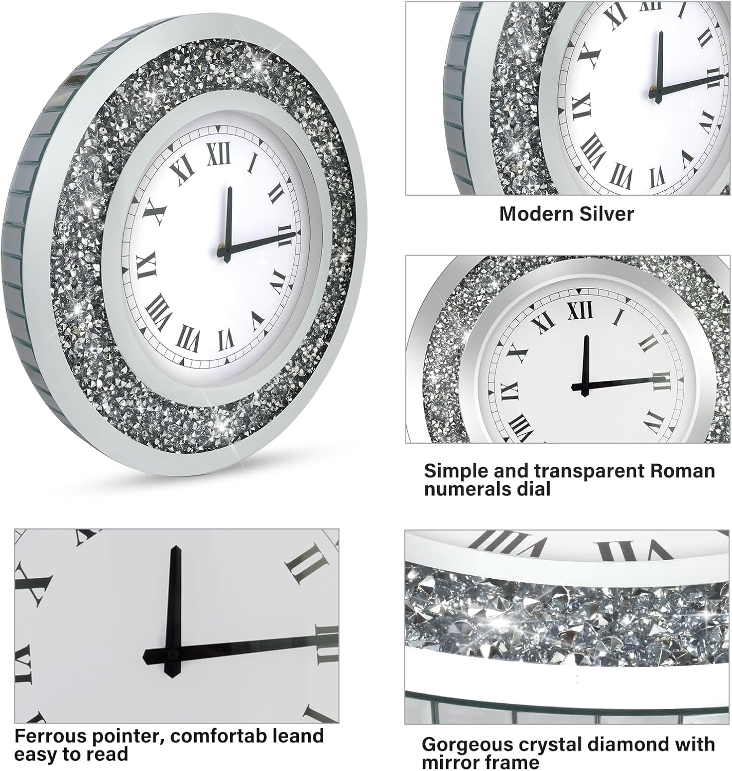 Reloj de pared grande con diamantes brillantes redondos plateados para decoración de pared (20 pulgadas)