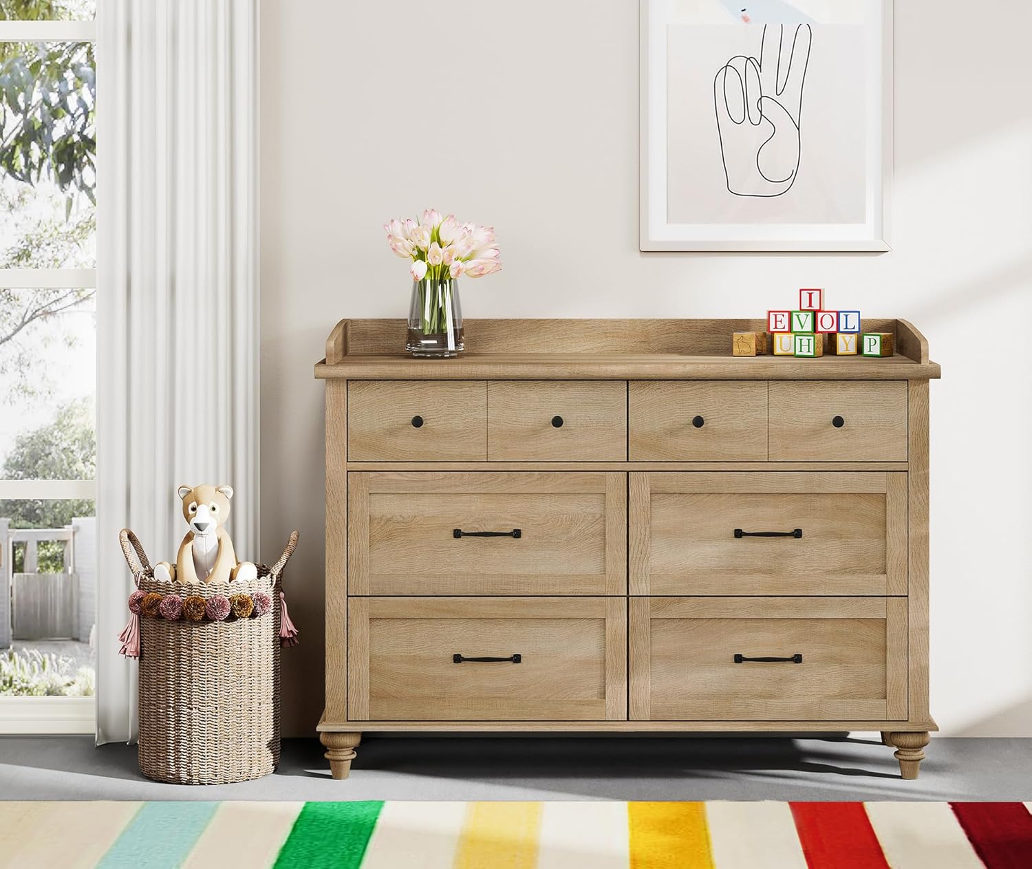 WAMPAT Cómoda para dormitorio con 6 cajones, cómoda de roble para bebé con cómoda ancha, organizador moderno de almacenamiento de armario para