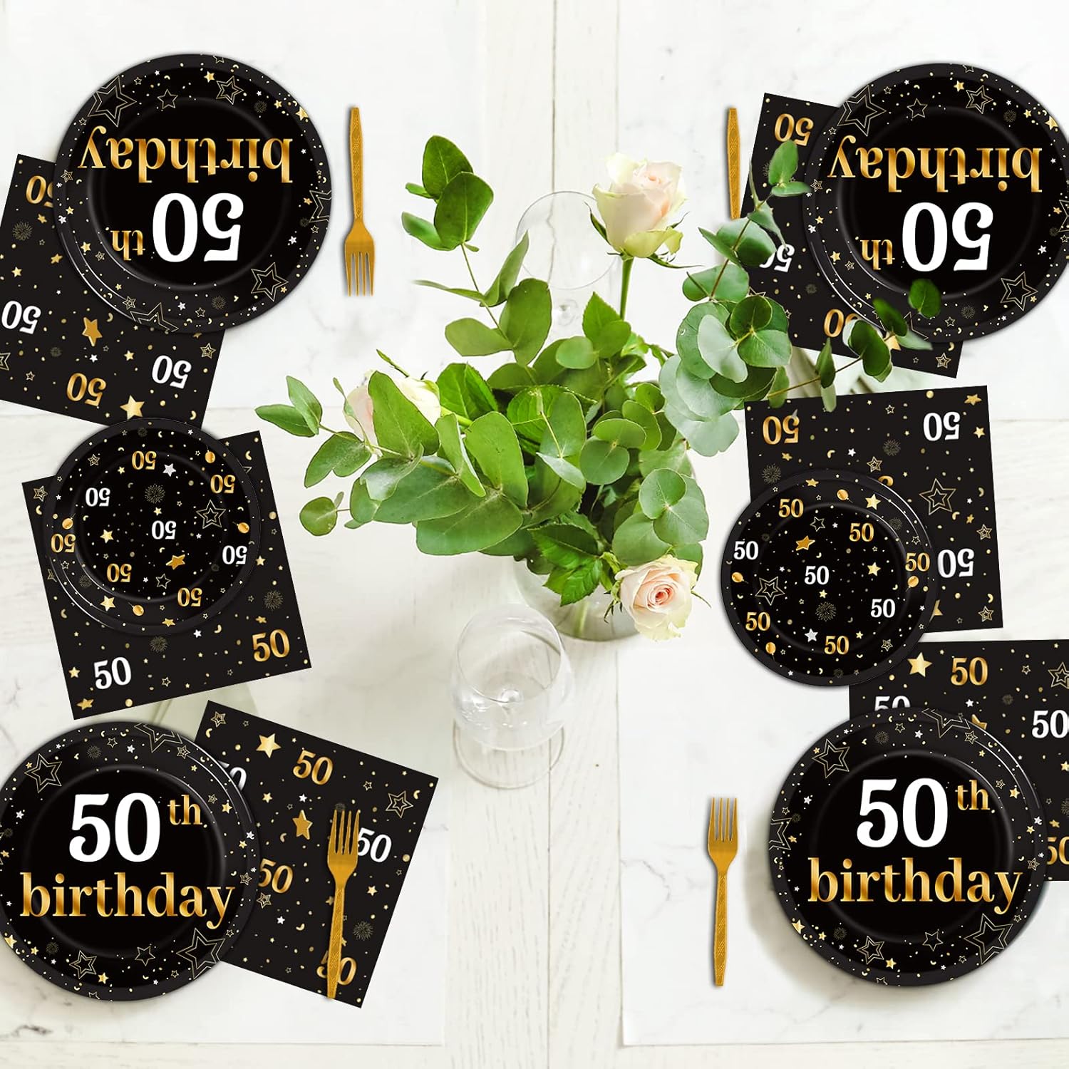gisgfim 96 piezas de suministros para fiesta de cumpleaños número 50, platos de papel, servilletas doradas, tema de feliz cincuenta, decoraciones de