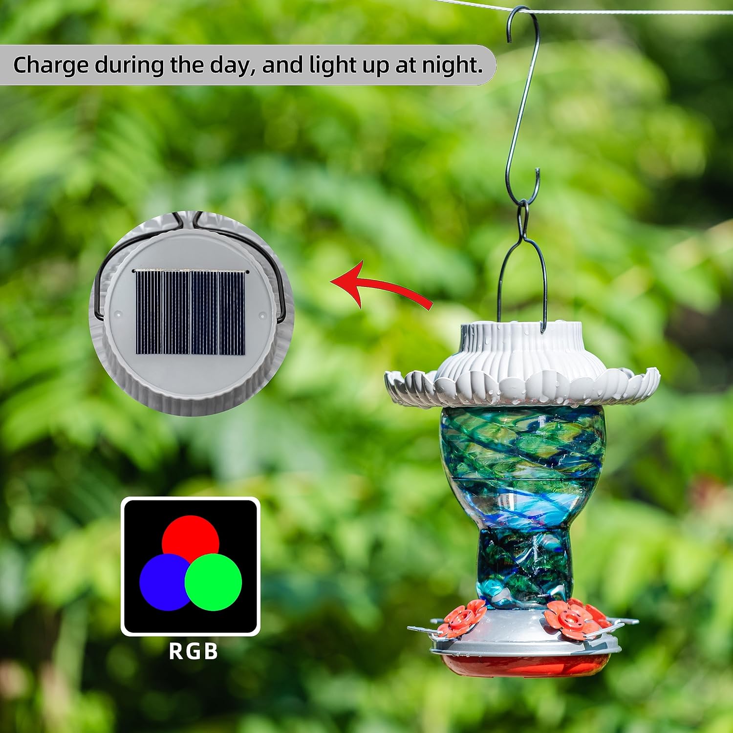 Comedero solar para colibríes para exteriores, colgante a prueba de hormigas y abejas, 25 onzas, luz que cambia de color, vidrio soplado a mano,