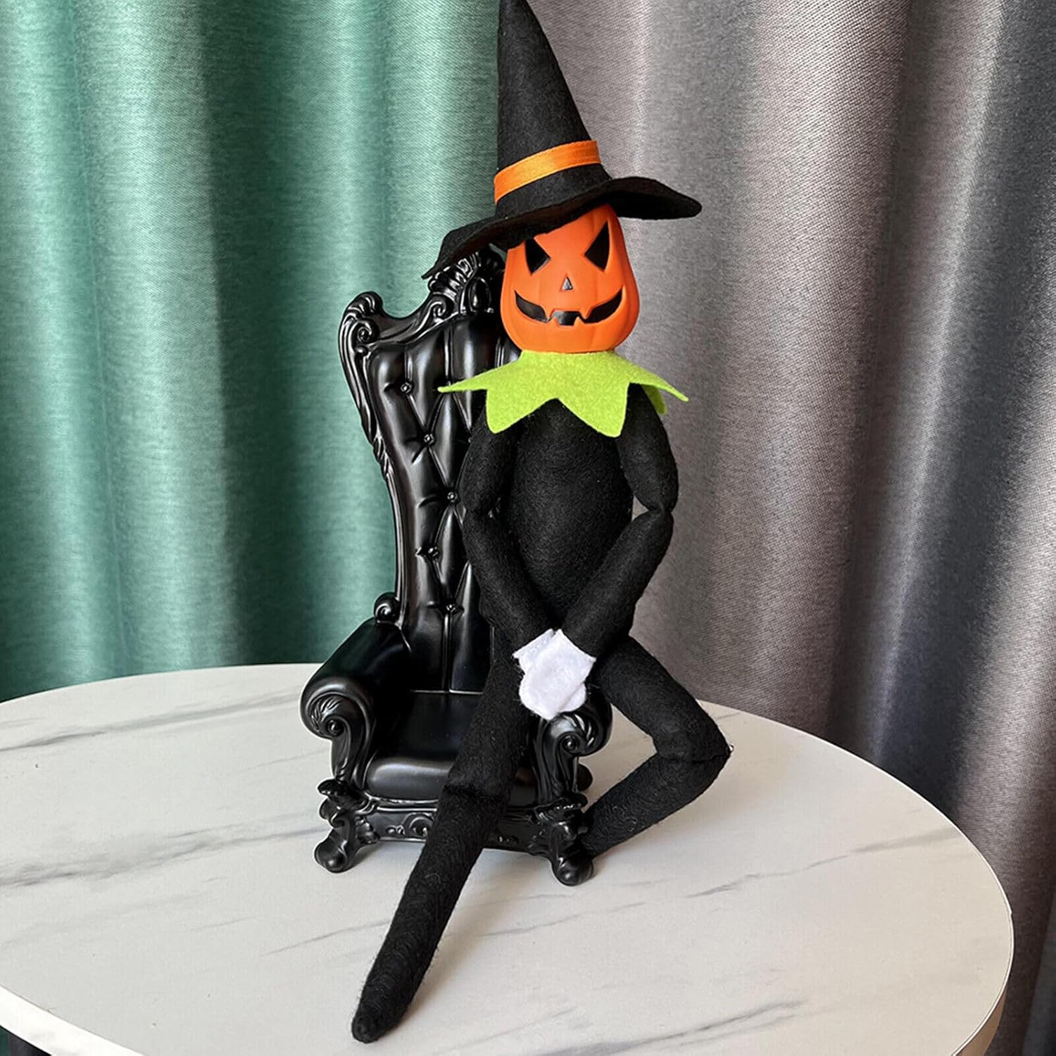 Muñeca de peluche de elfo de calabaza de Halloween de 14 pulgadas, juguete de elfo de calabaza hecho a mano con sombrero negro, guantes blancos,