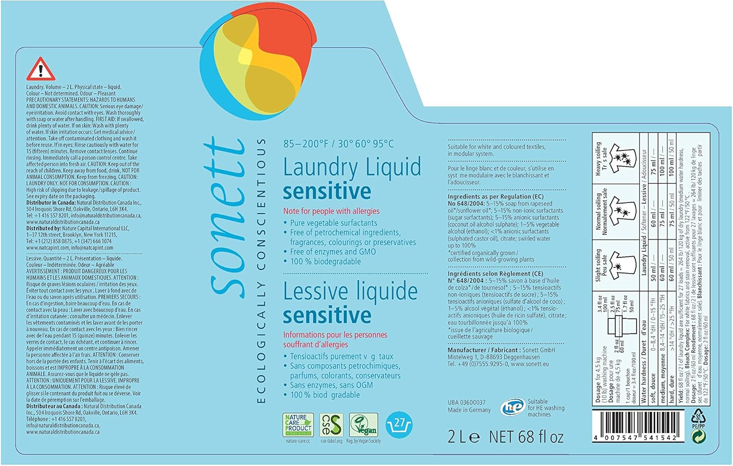 Sonett Detergentes líquidos orgánicos para lavandería, sensibles (1 unidad) para personas con alergias, sin OMG, certificado orgánicamente cultivado