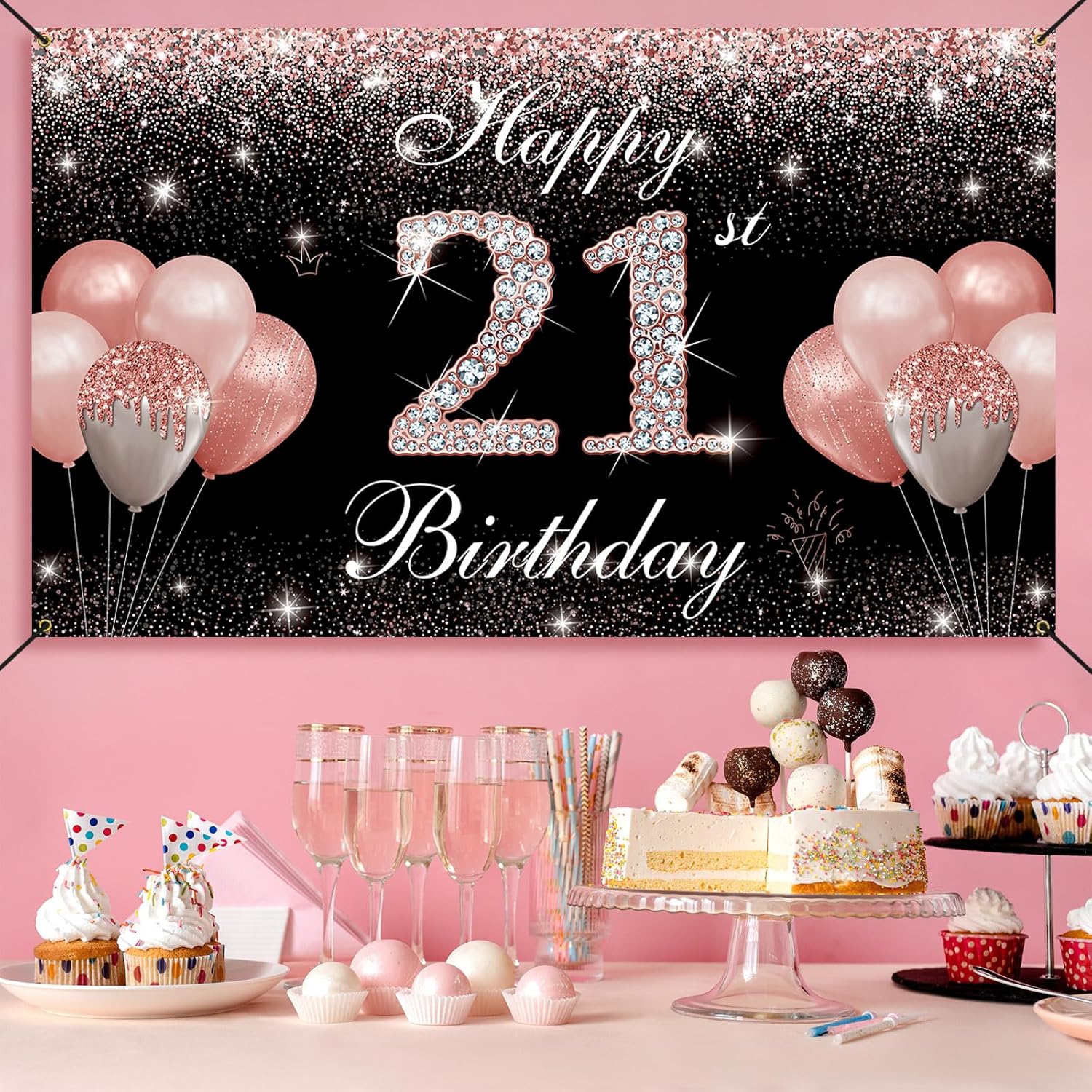 Decoraciones de 21 cumpleaños para ella, oro rosa, pancarta de fondo de feliz cumpleaños 21, fiesta de cumpleaños de 21 años, accesorios de cabina