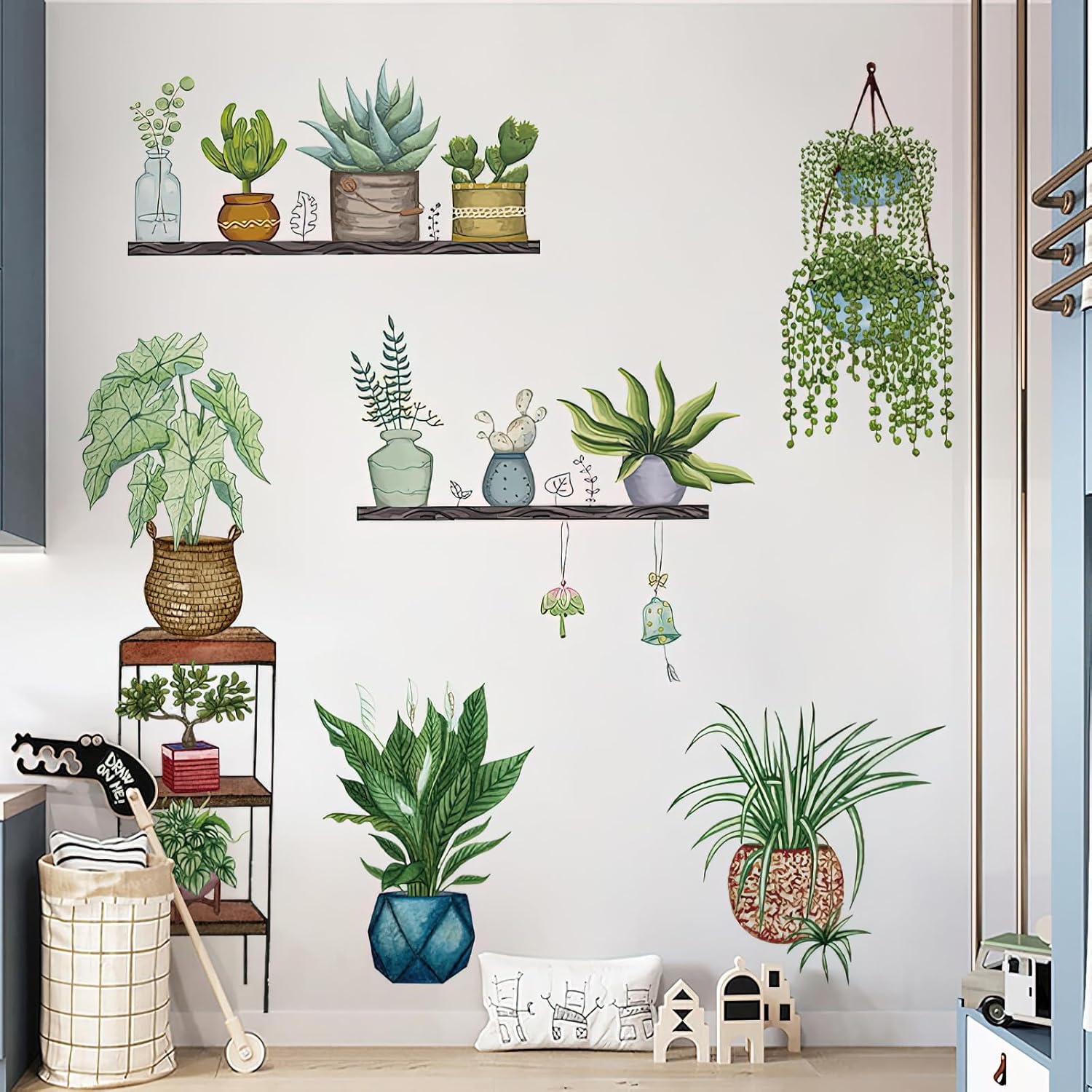 Calcomanías de pared de plantas verdes en maceta, plantas tropicales, hojas verdes, calcomanías de pared, papel tapiz de vinilo natural, para sala