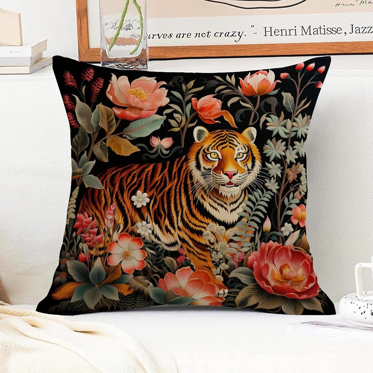 popeven Funda de almohada con cremallera y diseño de animales con cremallera, diseño de rayas de tigre colorido, chinoiserie, para el hogar,