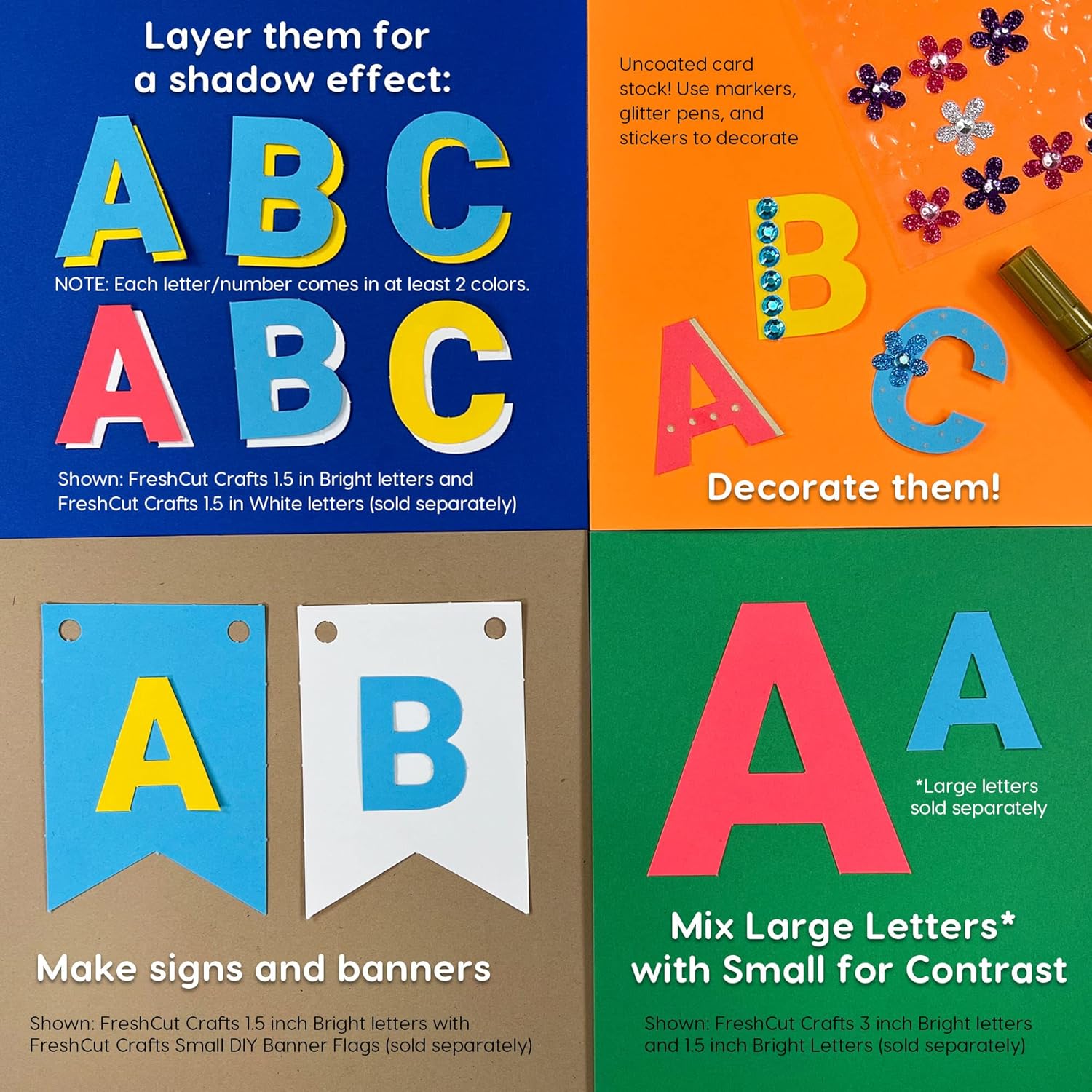 FreshCut Crafts 728 letras y números brillantes de 1.5 pulgadas para tablón de anuncios, letras del alfabeto mayúsculas, números, puntuación,