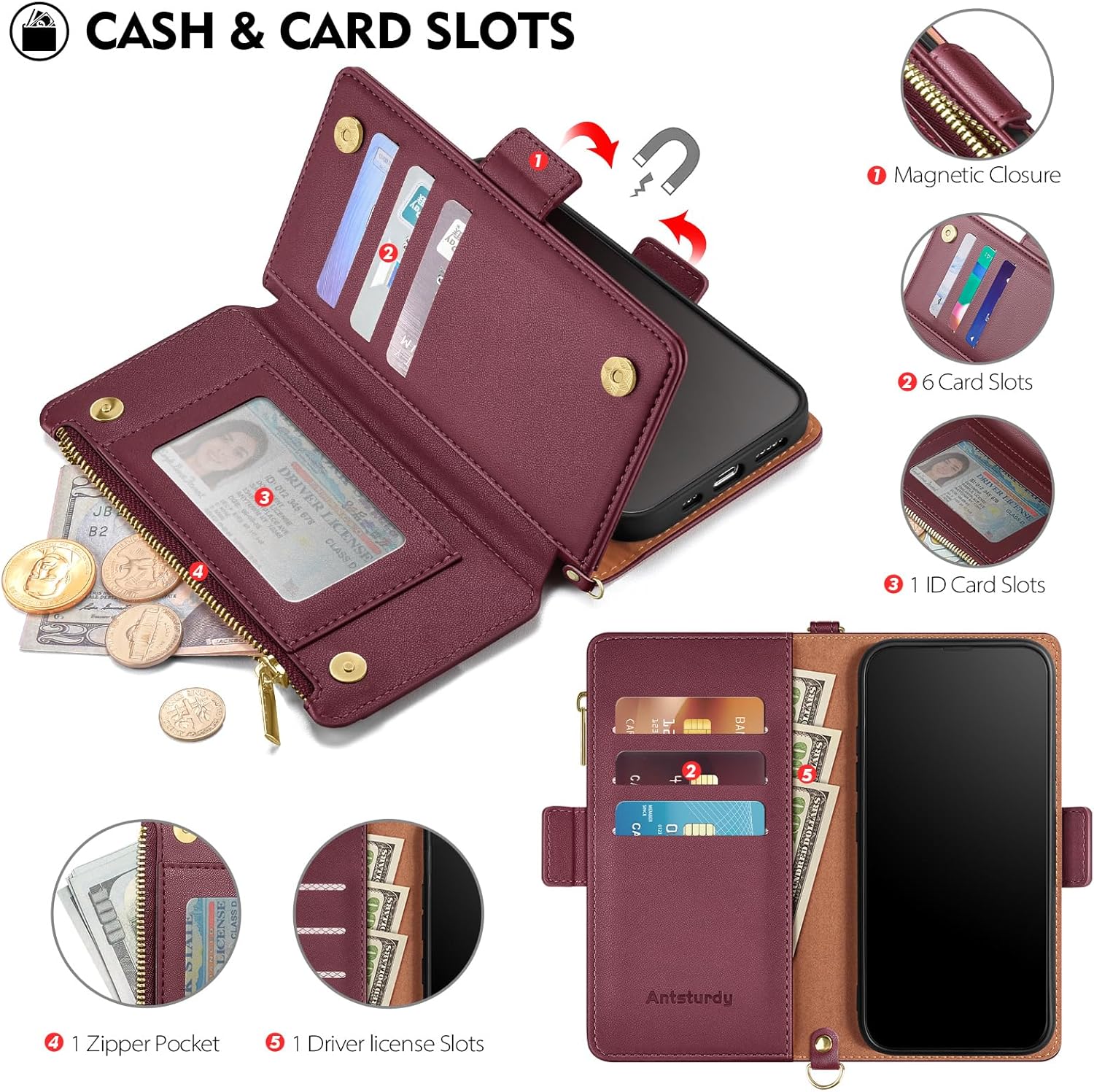 Antsturdy Funda tipo cartera compatible con iPhone 15 para mujer con bloqueo RFID, funda cruzada de piel sintética con cremallera y correa para la