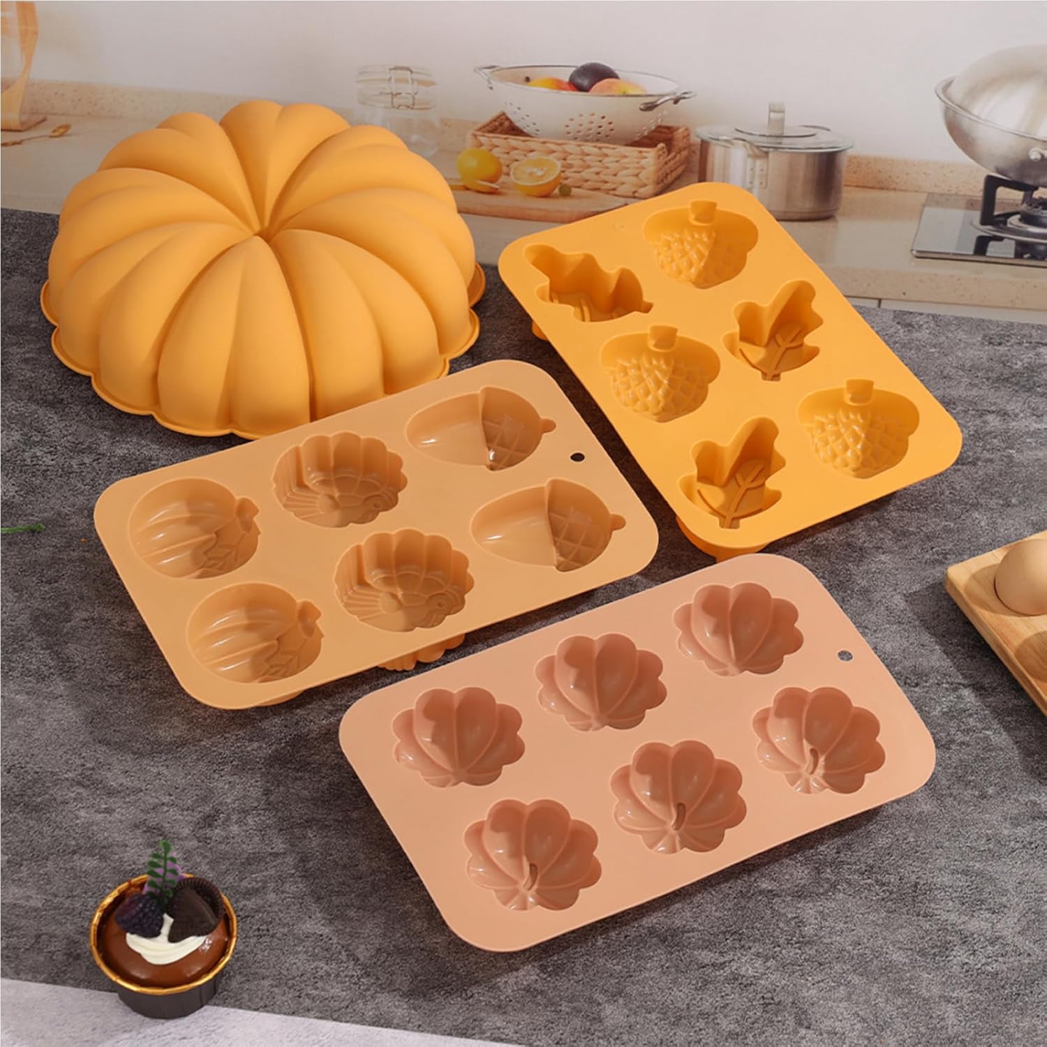 Moldes de silicona de otoño para chocolate, hojas de arce, 2 moldes de silicona de calabaza, bellotas y calabazas, moldes 3D de caramelo de