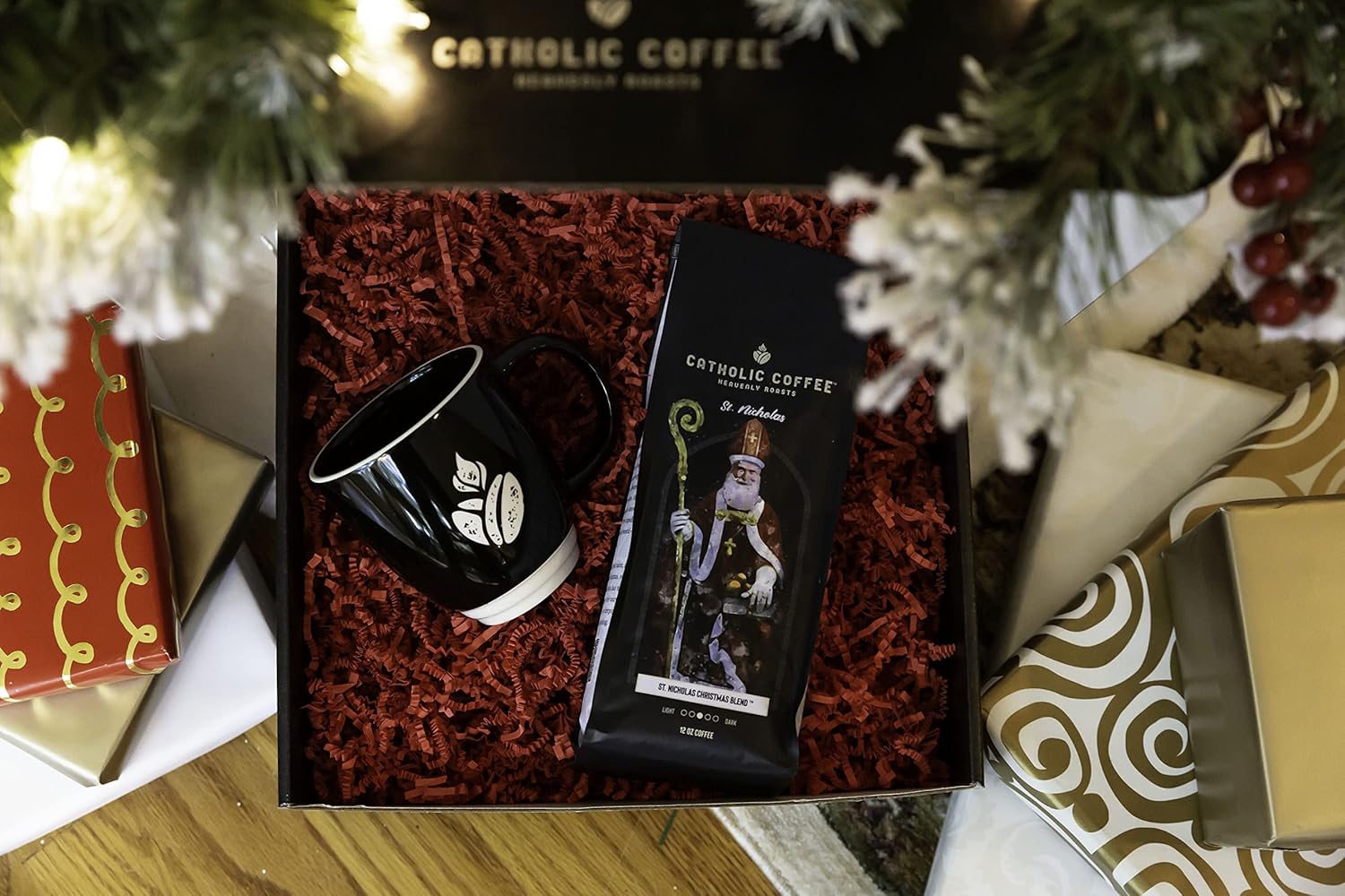 St. Nicholas Christmas Blend Café católico Heavenly Roasts café molido (grano entero), 12 onzas