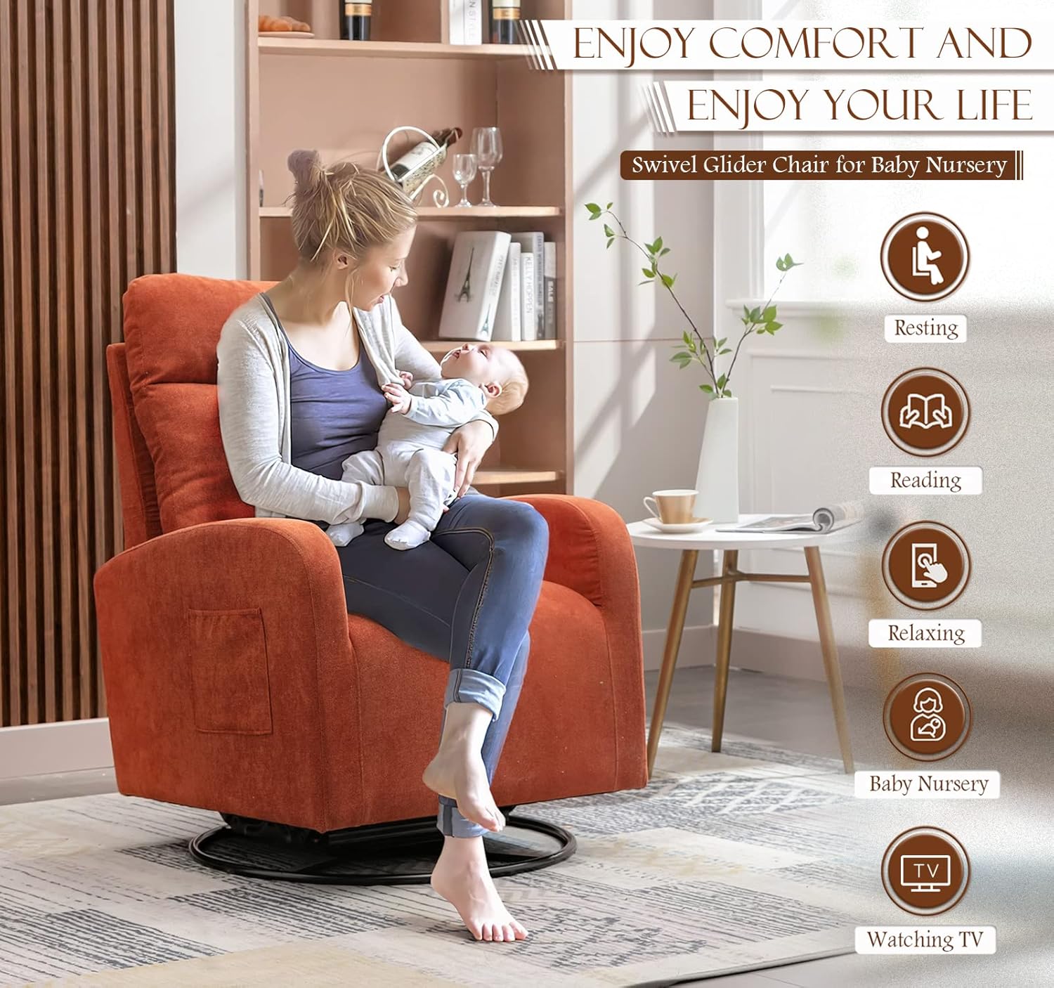 KINFFICT Silla giratoria moderna, mecedora tapizada para el cuarto del bebé, cómoda silla mecedora con respaldo alto con bolsillo lateral y