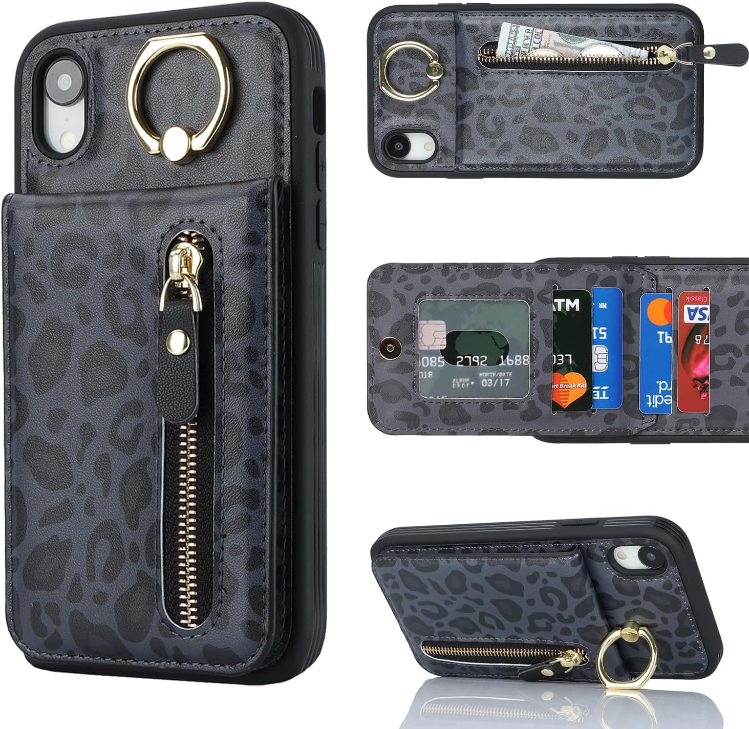 Funda para iPhone XR para mujer, funda para iPhone XR con tarjetero con tarjetero con soporte para tarjeta de crédito con anillo, cierre de