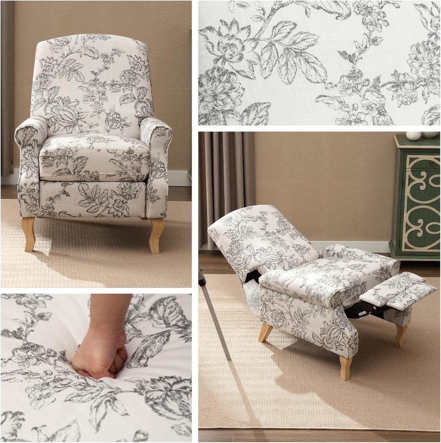 Silla reclinable con estampado floral para sala de estar, sofá individual tapizado con respaldo ajustable y reposapiés, moderna silla de descanso