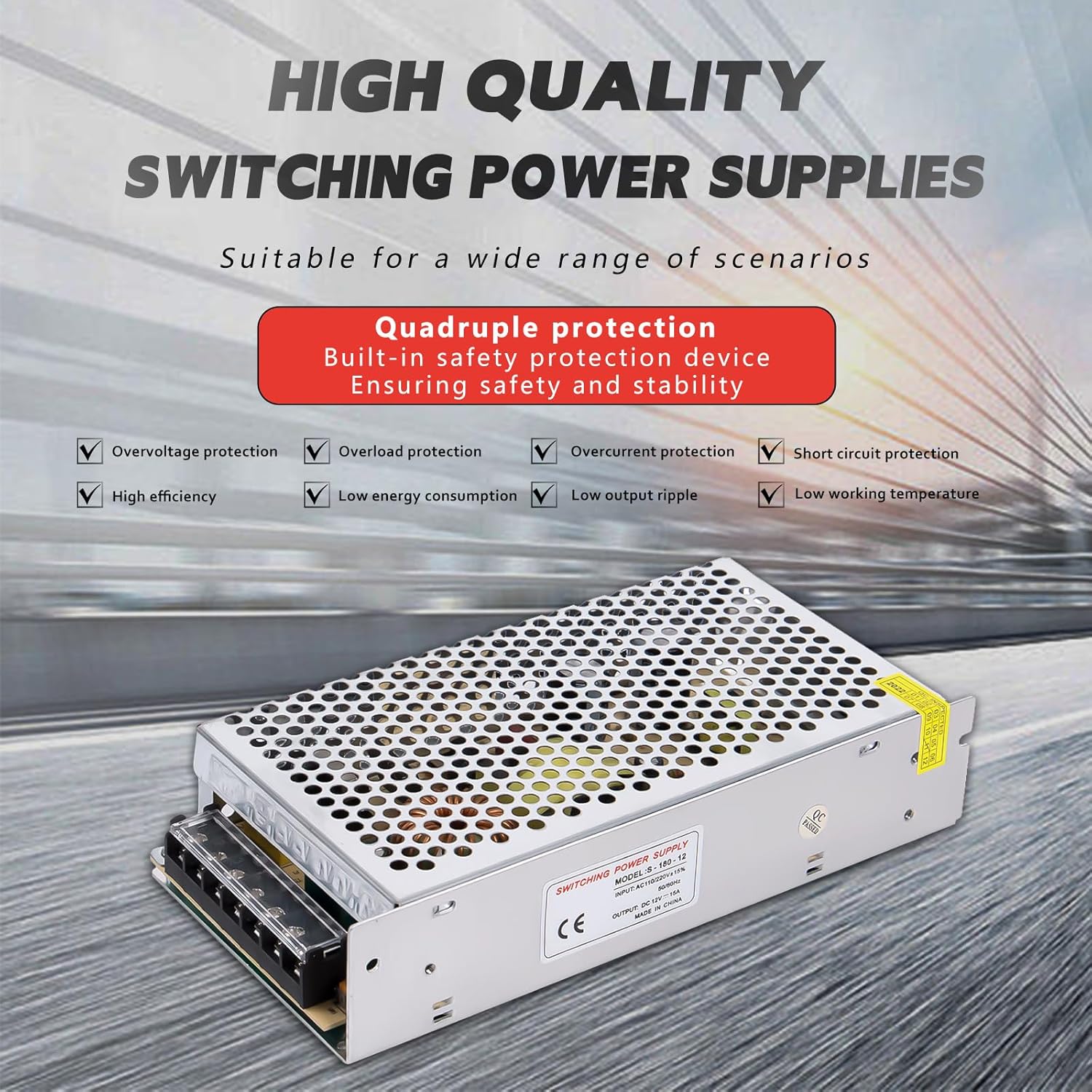 Fuente de alimentación conmutada de 12V 15A 180W DC AC 100V240V a DC-12V Adaptador de corriente, voltaje constante del transformador, adecuado para