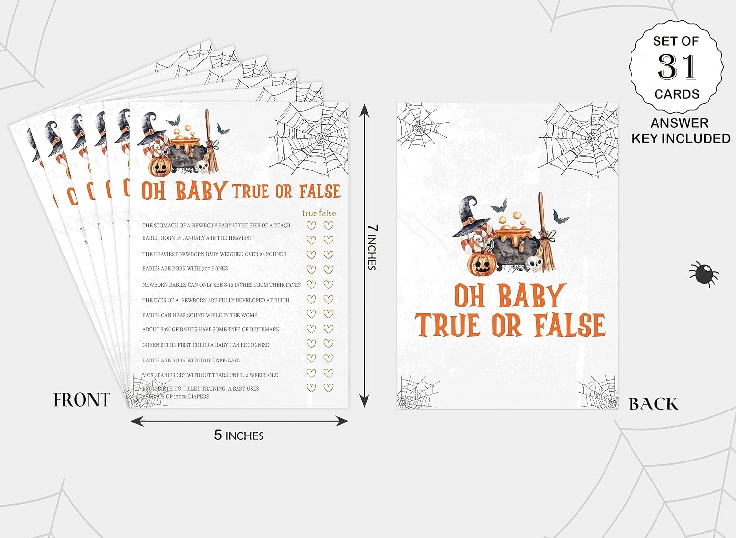 Juego verdadero o falso de Halloween, juego de Halloween para baby shower, decoraciones de baby shower, suministros de fiesta de revelación de