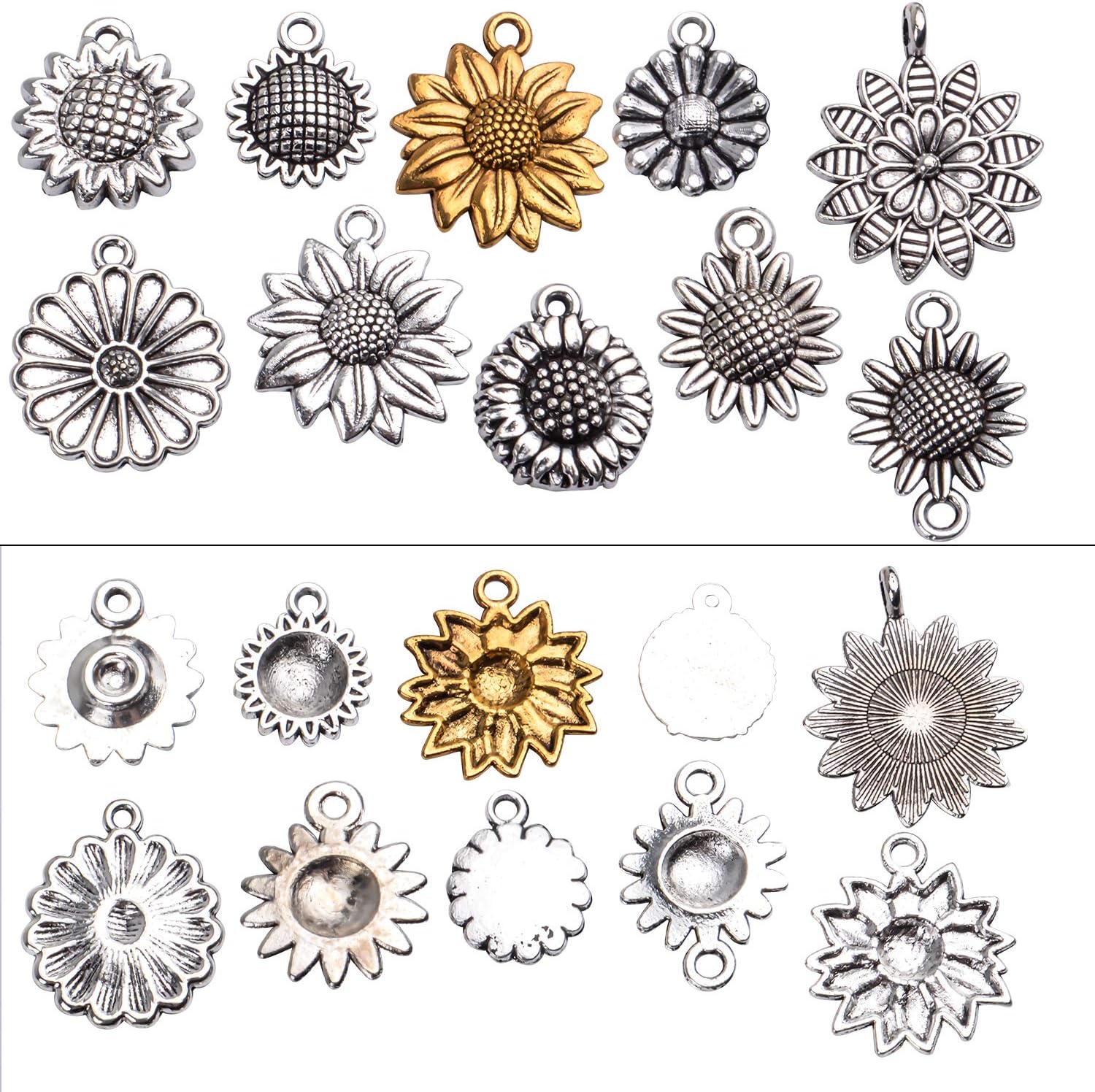 Aylifu 50 dijes vintage de girasol, suministros de flores de aleación, para hacer joyas, 10 estilos