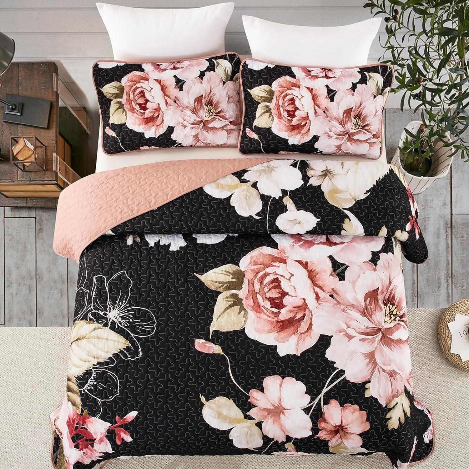 Dobuyly Juego de edredón floral negro tamaño King, 3 piezas de flores botánicas rosas impresas en negro, juego de ropa de cama de microfibra suave y
