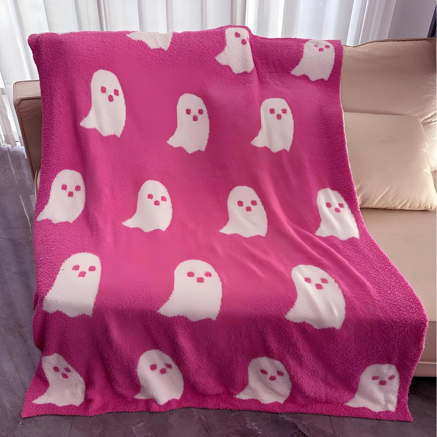 Bonita manta de fantasma rosa de Halloween súper afelpada y suave, manta de Halloween rosa para sofá, cama, manta de fantasma reversible de franela
